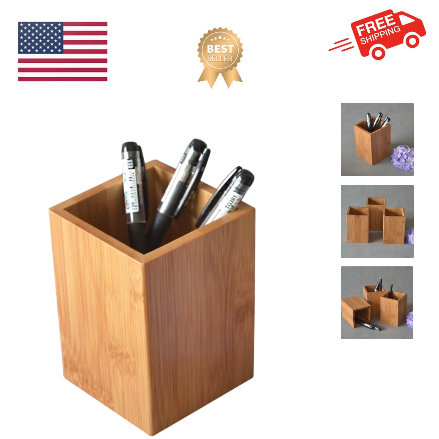 Bamboo Wood Desk Pen Pencil Holder Stand Multi Purpose Use Pencil Cup Pot Des…