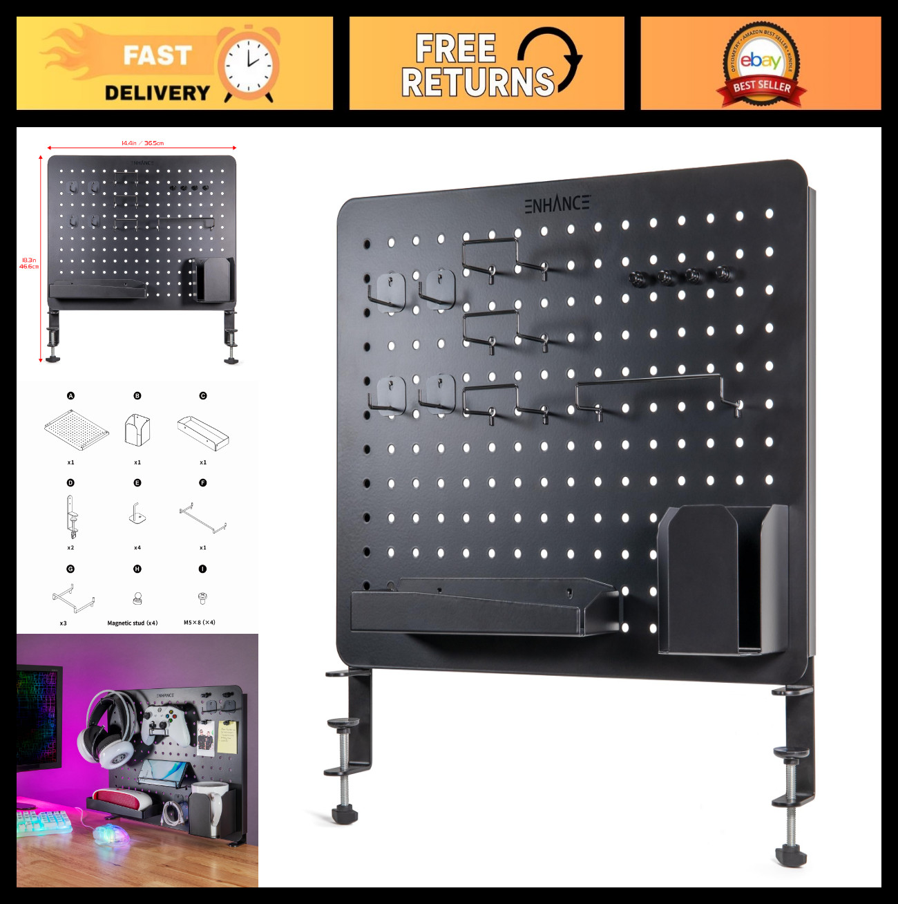 Metal Pegboard Desk Organizer 18×14″ Clamp-On with 14 Attachments, Hooks & Shelf
