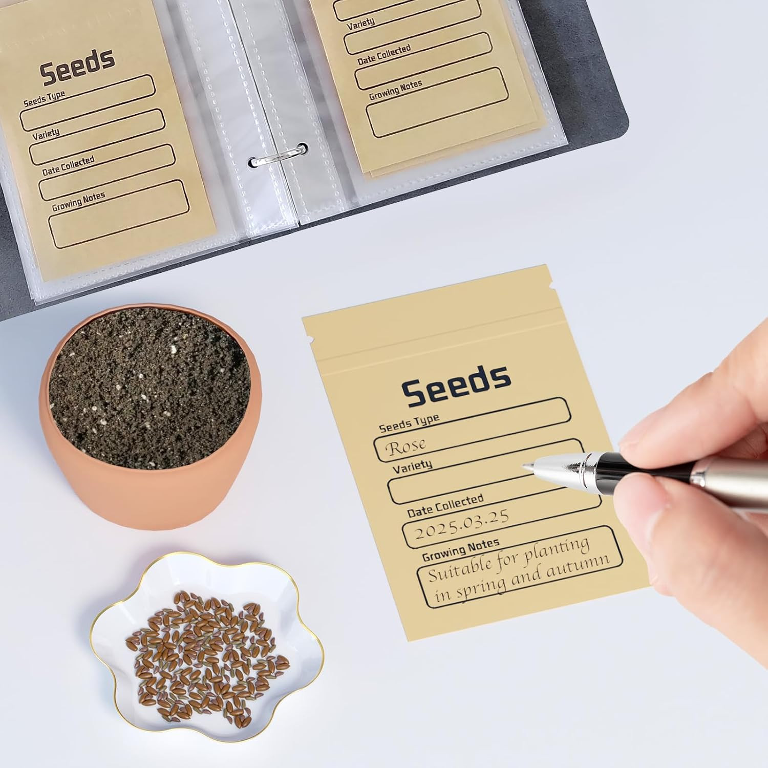 Seed Organizer Binder with 50 PCS Resealable Seed Envelopes – 50 Storage Pockets