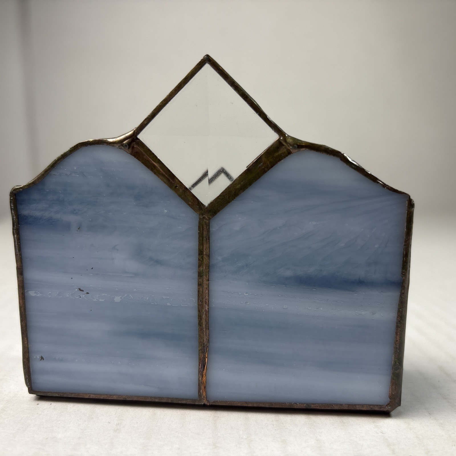 handcrafted stained glass business card desk organizer with metal frame Vintage