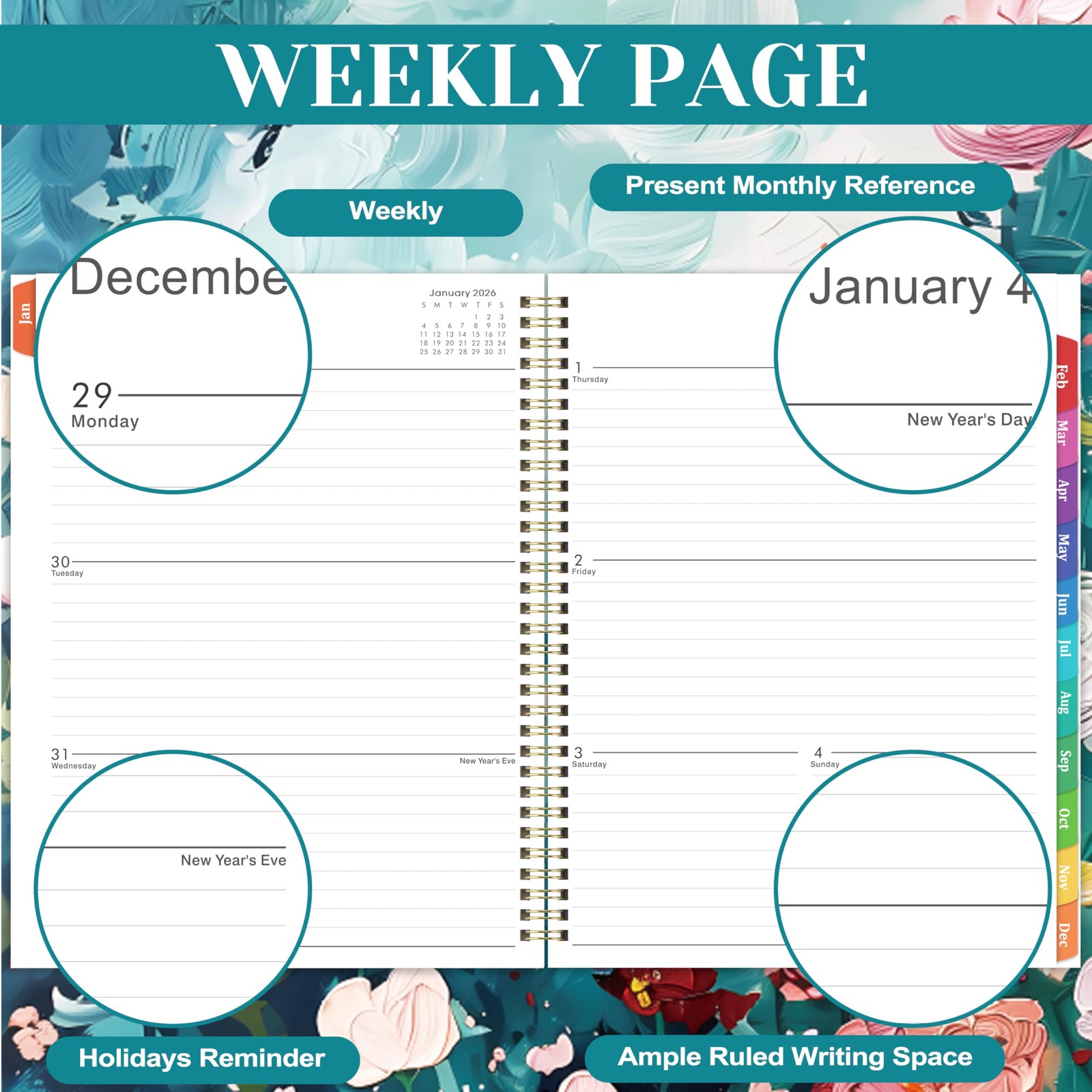 2026 Weekly Monthly Planner 9×11 Inch TwinWire Binding Floral for Daily Plannin