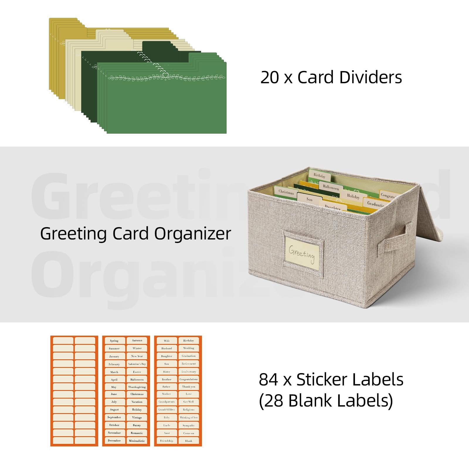Vienrose Greeting Card Organizer Storage Box with 20 Removable 1 Pack, Beige