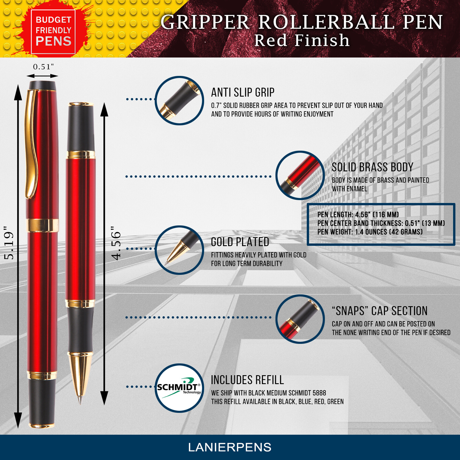 Gripper Roller Ball Pen – Red with Single Gift Box Rosewood