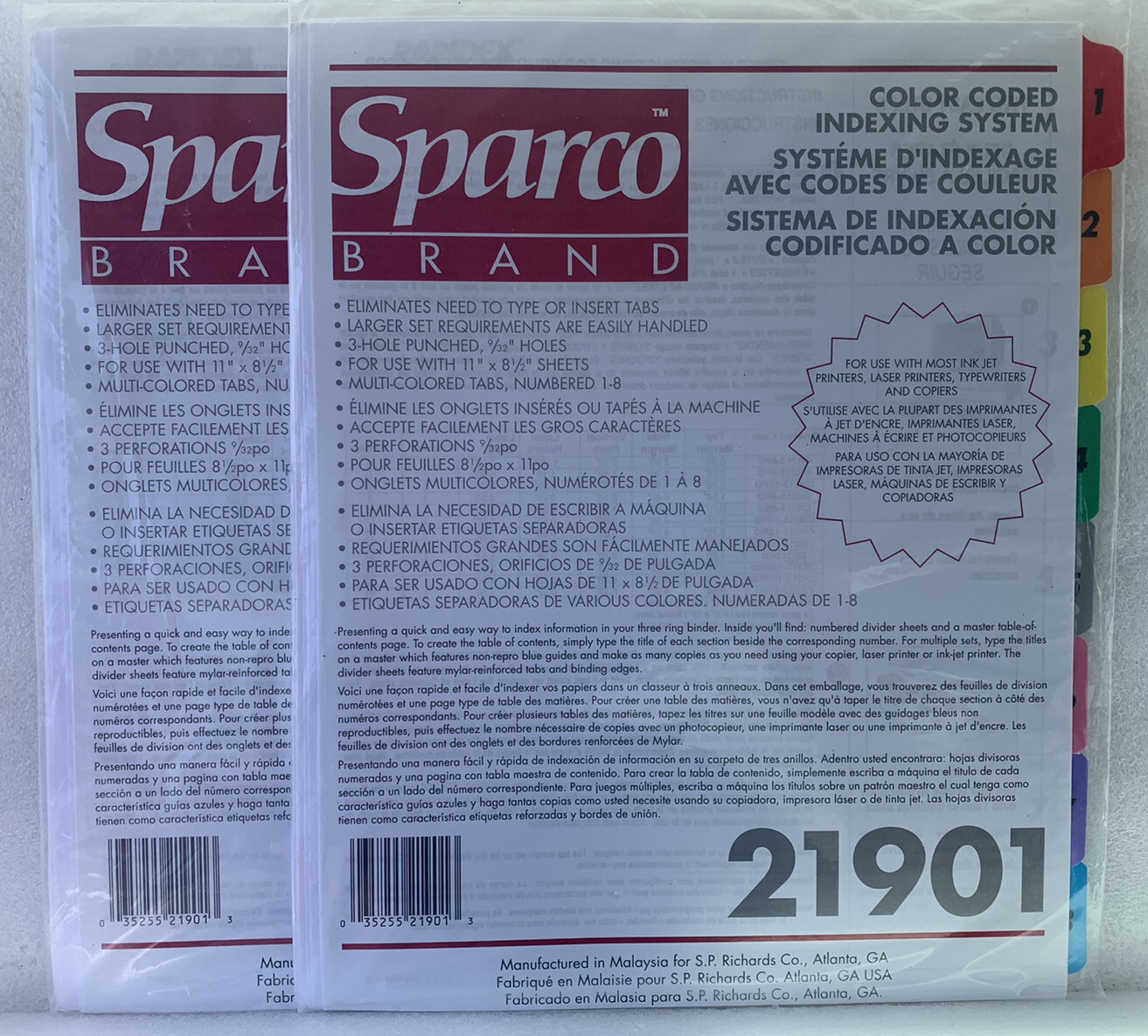 2-pk Sparco 21901 Color Coded Indexing System 8 Tabs