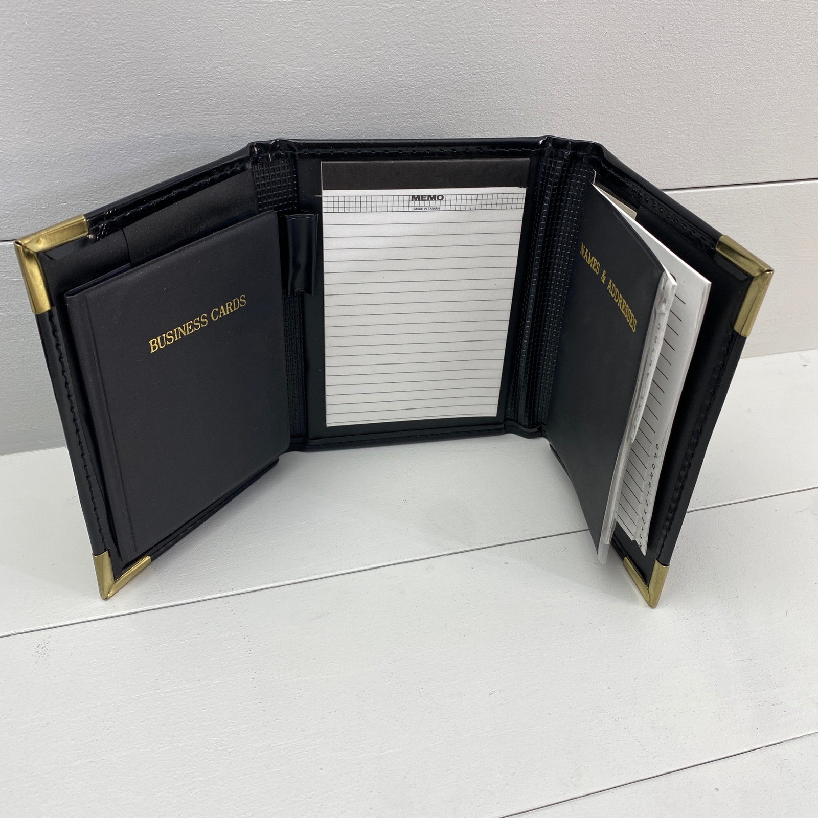 Vintage Trifold Pocket Organizer Unisex Black Gold Retro Office MCM Office Book