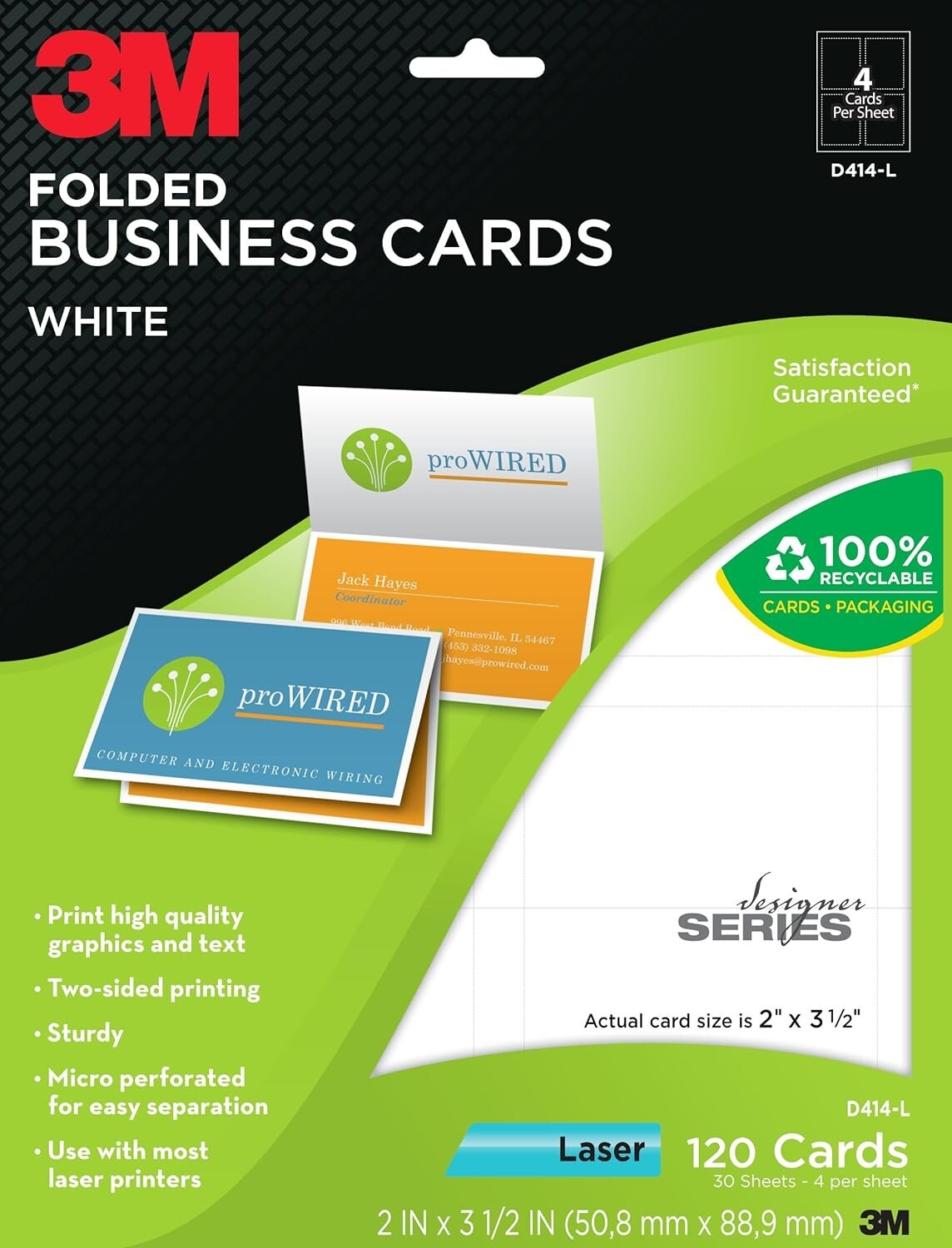 3M Folded White Business Cards 2 x 3-1/2 Recyclable Green Laser 120Pk D414-L