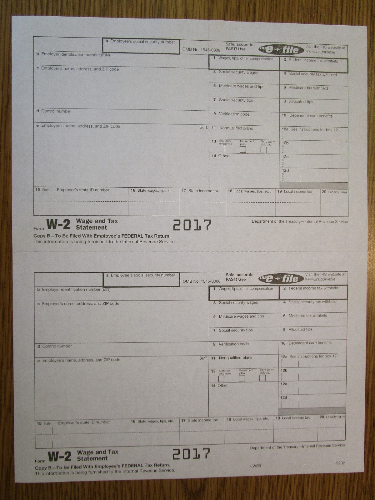 2017 IRS Tax Forms W-2 Wage Stmts LASER 4 employees +(1)W3 #TF5650 6-pt NO Env