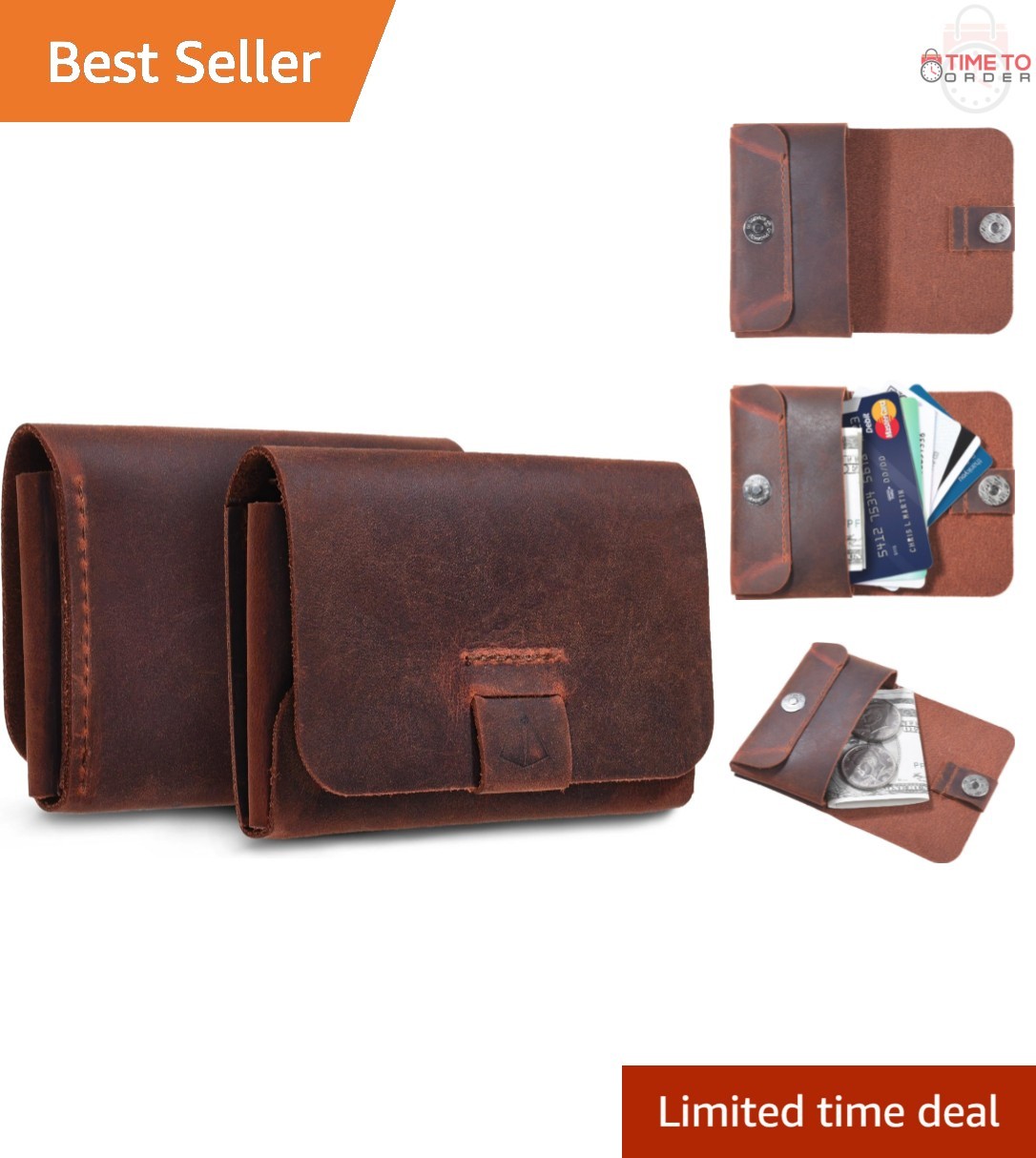 Genuine Leather Business Card Holder Minimalist Reddish Brown Magnetic Closure