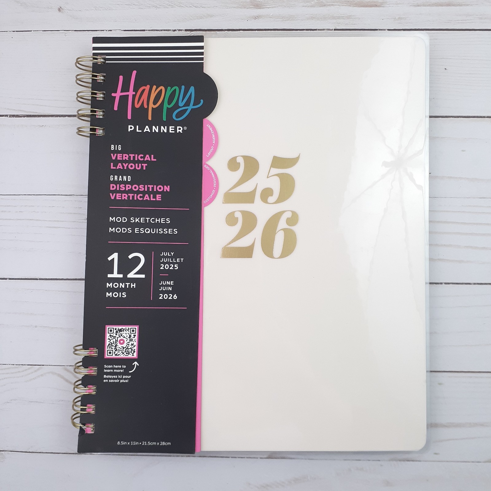 Happy Planner 12 Month July 25/ June26 8.5×11 in Vertical Layout Ivory