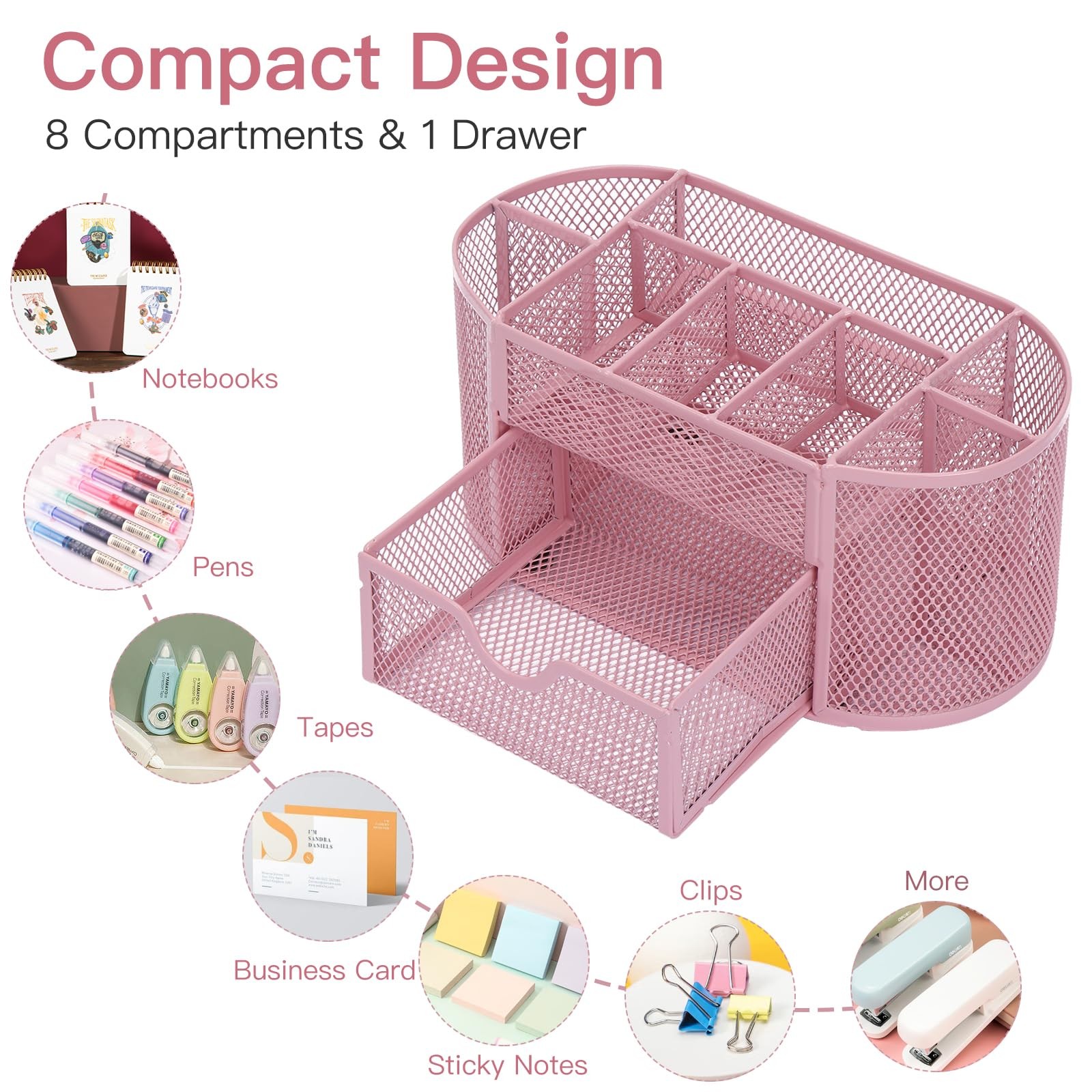 EOOUT Pink Desk Organizer, Pen Holder for Desk and Accessories, Mesh Desk Org…