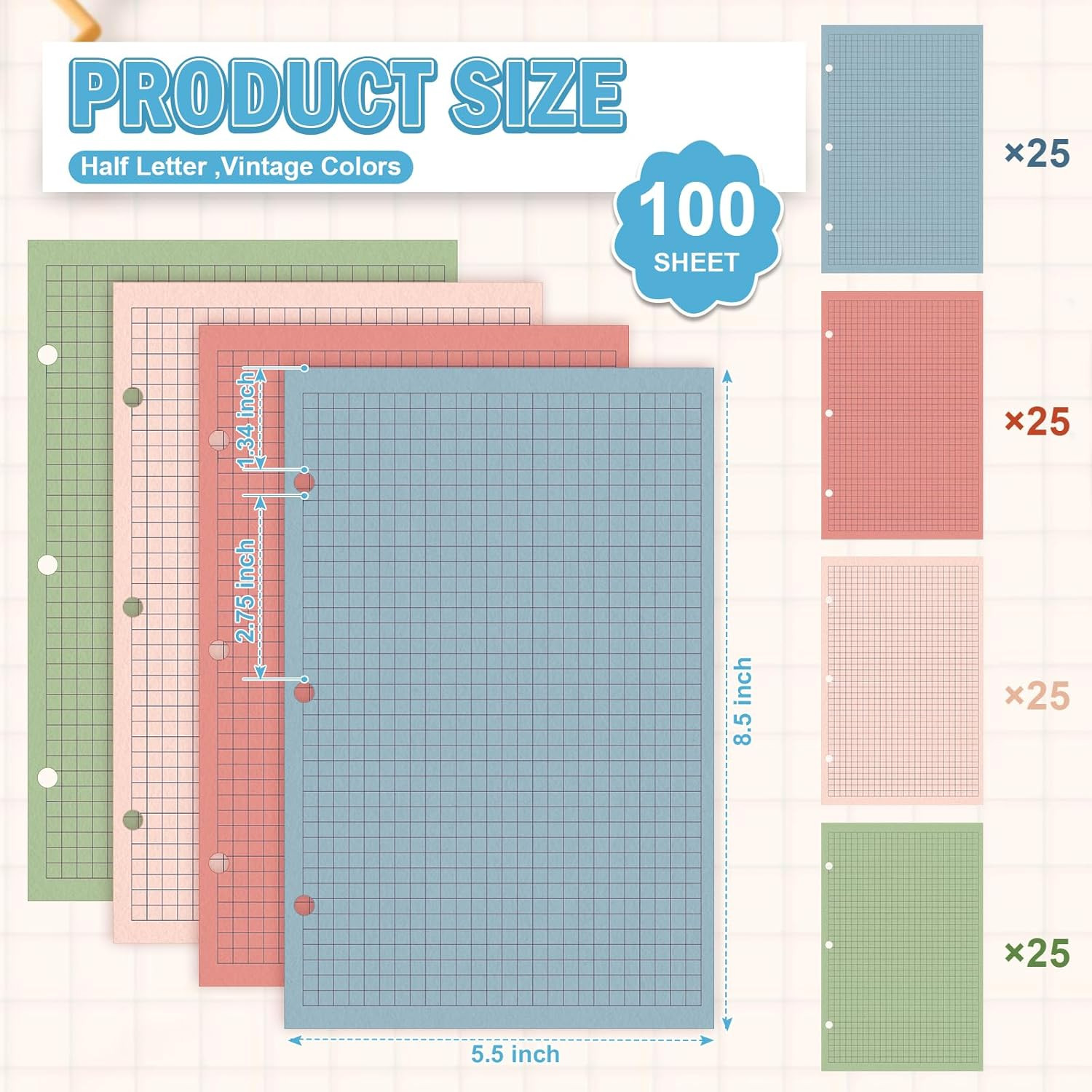100 Sheets Half Letter 3 Hole Notebook Grid Paper Refill 5-1/2 X 8-1/2 Loose Lea