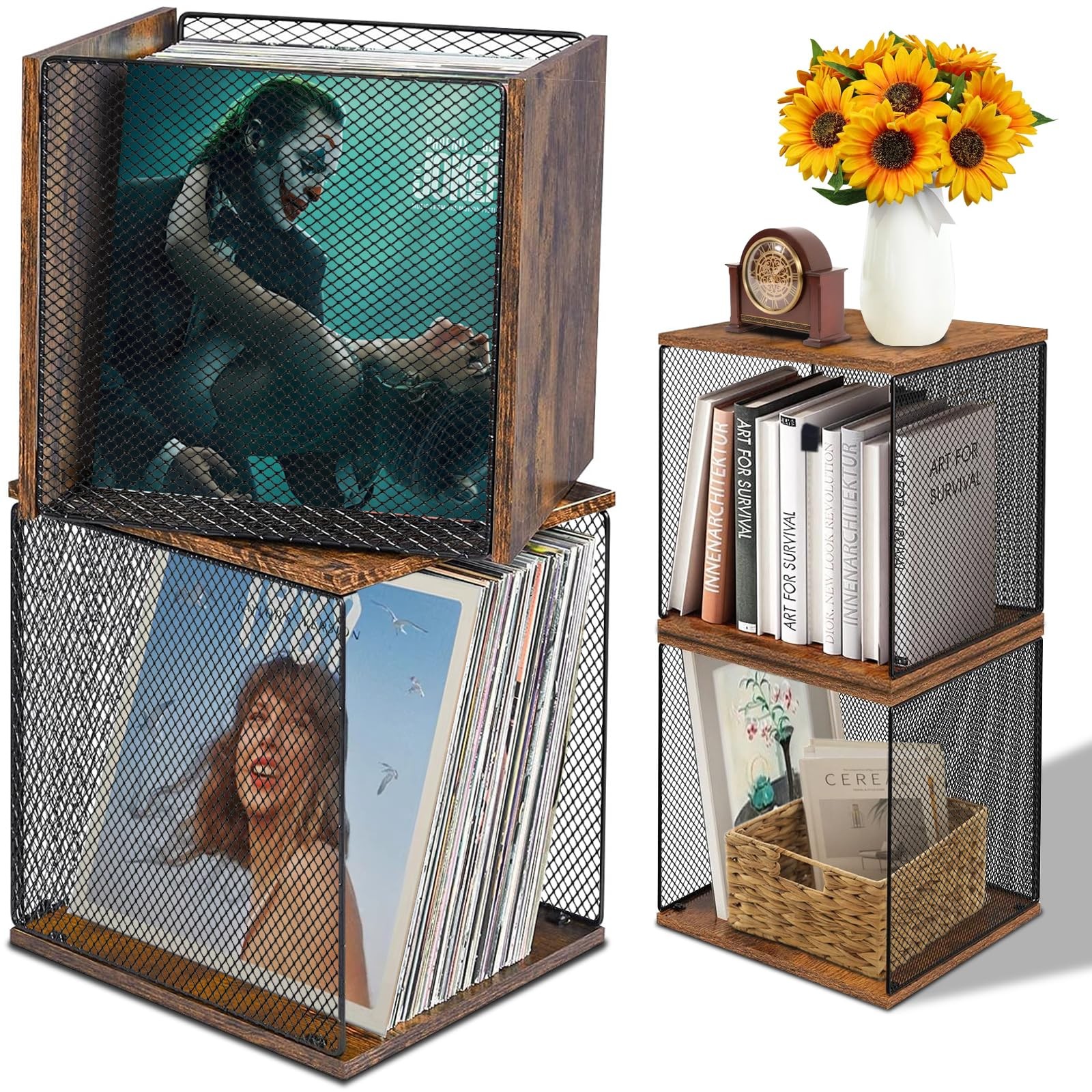 2 Cubes of Vinyl Record Storage, Premium Wooden Record Holder Shelf with Visu…