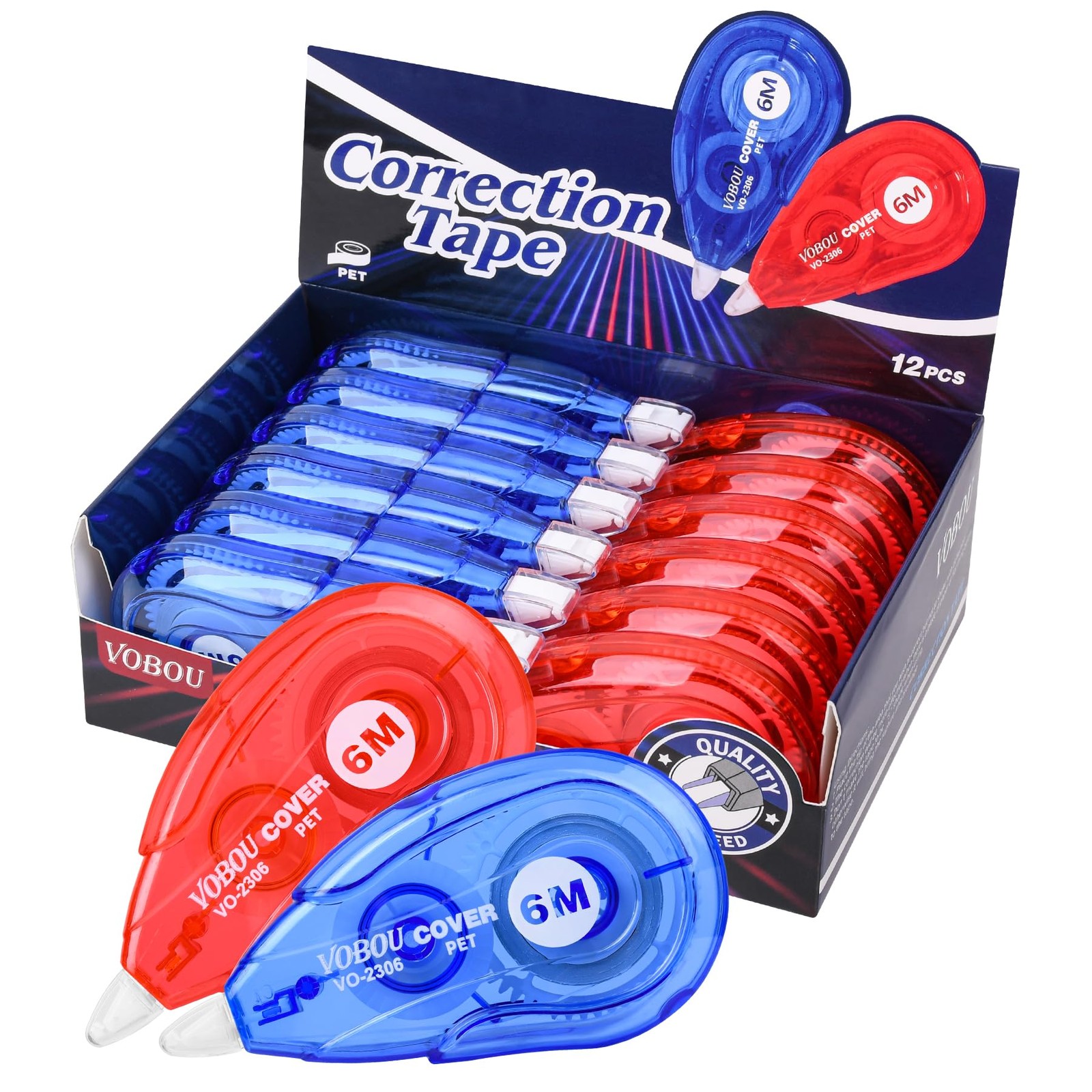 Vobou White Correction Tape, Easy To Use 1 Count (Pack of 12), Red & Blue