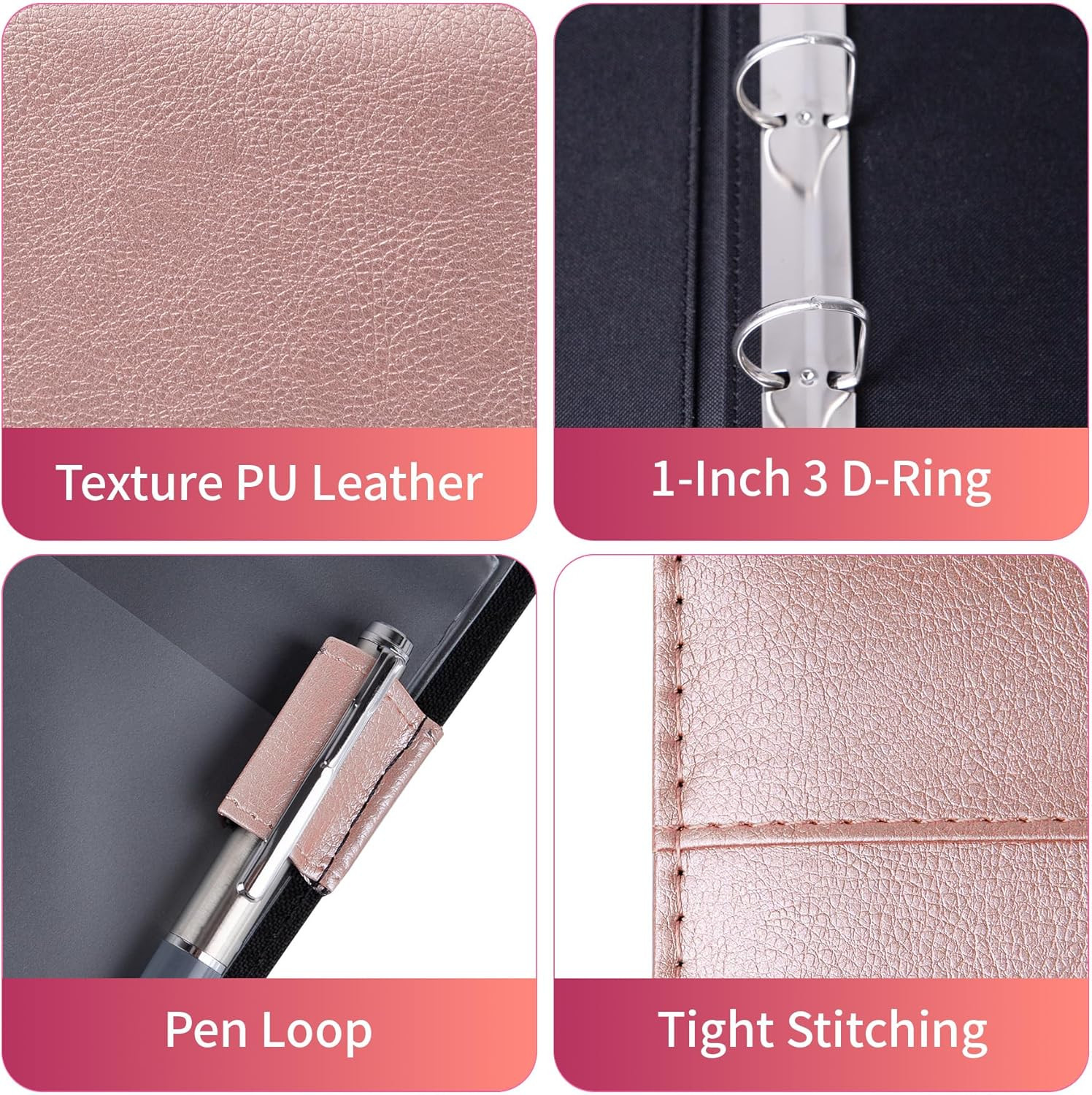 Personal Check Binder 3 Ring PU Leather 3 or 9 Hole Checkbook Zipper Pouch, Rose
