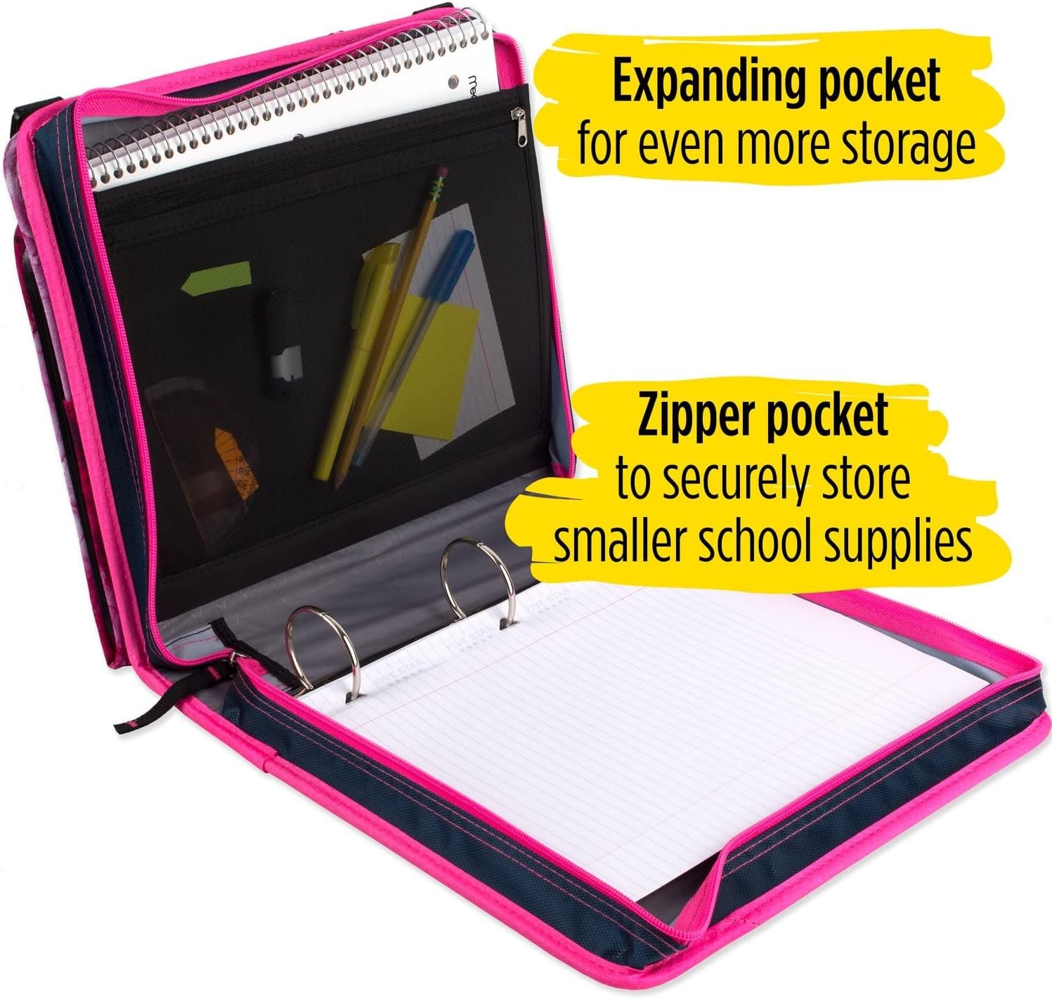 FIVE STAR 1100 Sheet ZIPPER BINDER 2″ Ring 4″ Capacity w/Files Pink & Black VGC