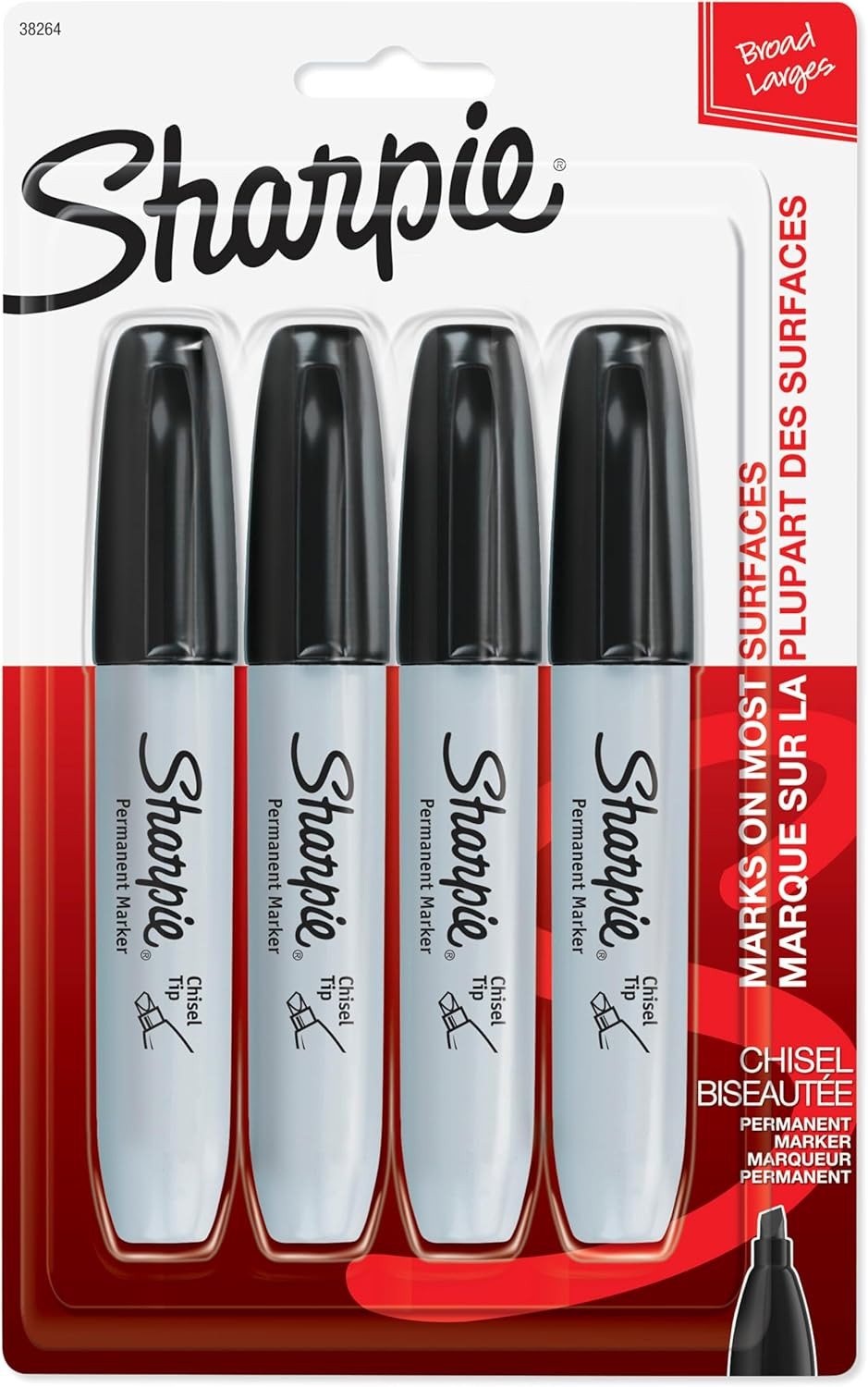 Permanent Markers, Large, Chisel Tip, Black, 4 Count – Marks on Paper, Plastic,