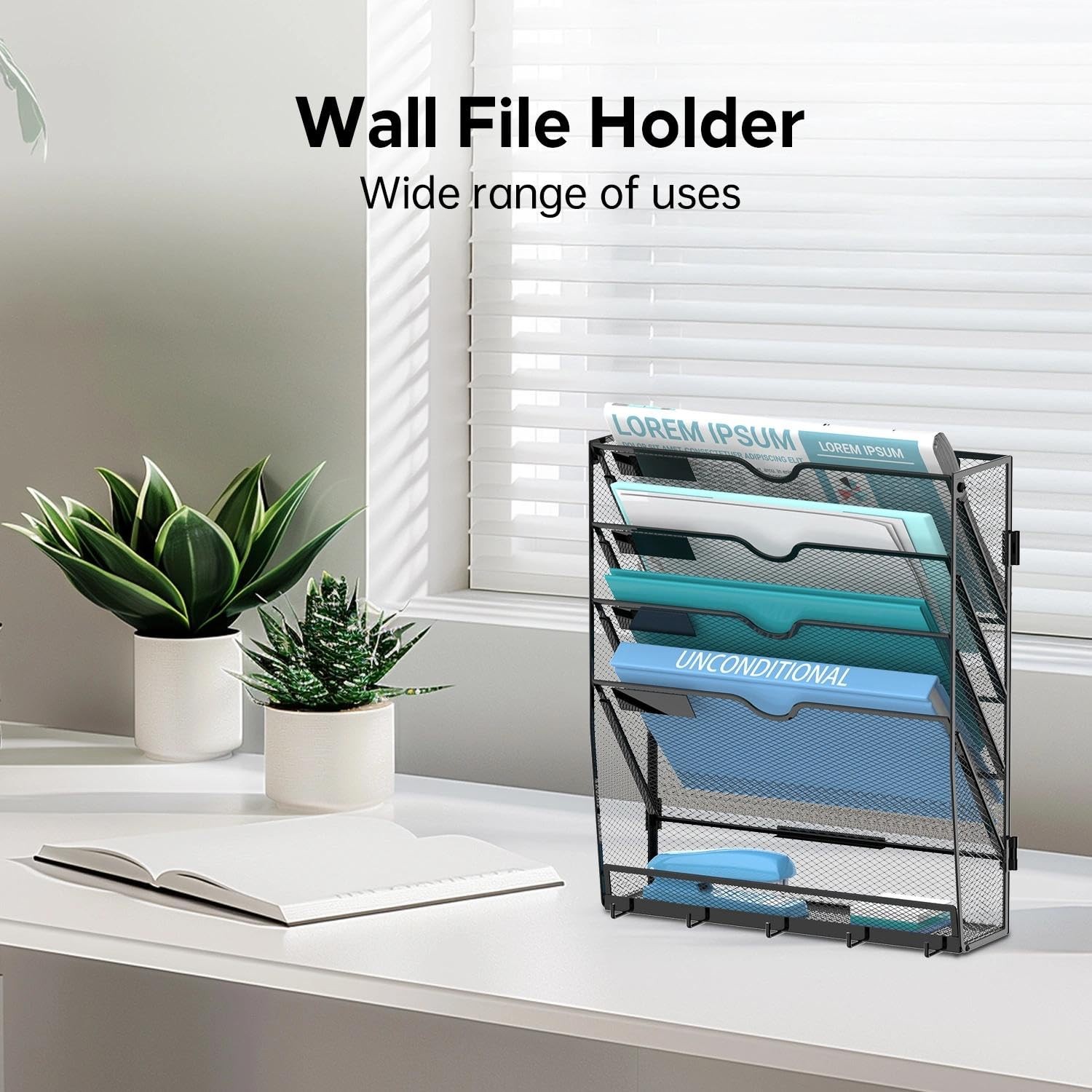 5 Tier Wall File Organizer Hanging File Organizer with 5 Hooks, Mail Holder …