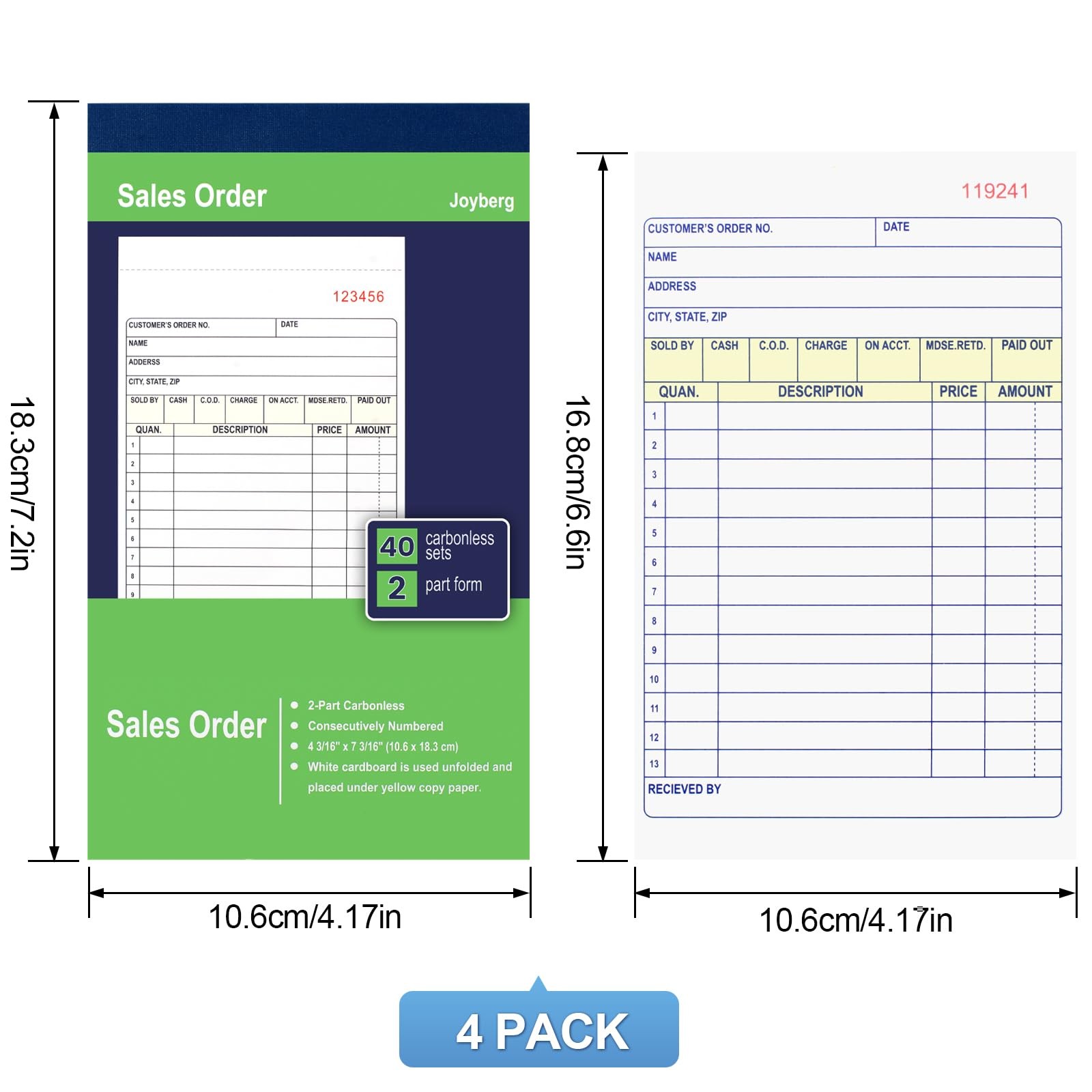 4Pack Sales Order Book 2-Part Carbonless Receipt Book Carbon Copy Small Business