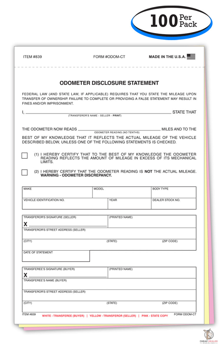 3-Part Odometer Disclosure Statement (Form # ODOM-CT) (100 per pack)