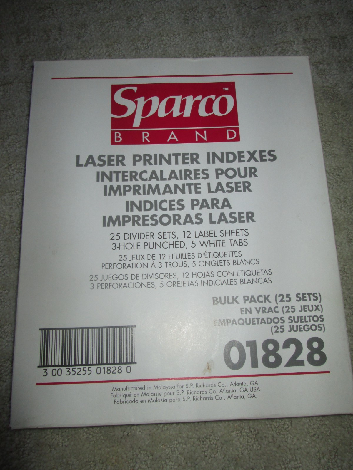 Sparco Laser Printer Indexes 25 Divider Sets, 12 Label Sheets, 01828 3-Hole