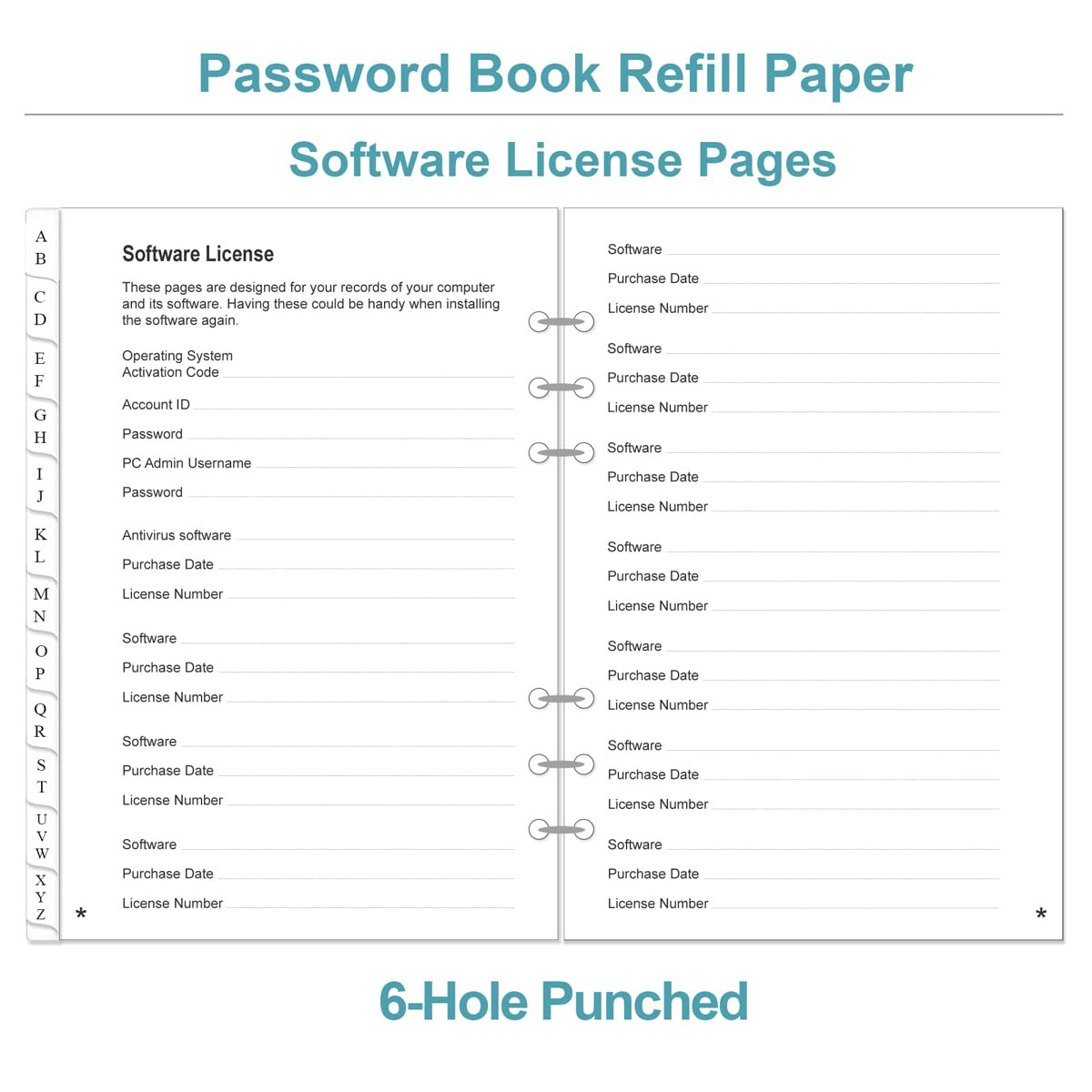 Password Book Refills for A5 Binder – A-Z 5.8 inches X 8.3 inches, white