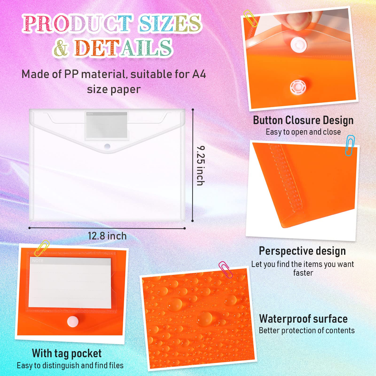 100 Pcs Clear Envelopes with Snap Button Closure A4 Letter Size Plastic Envel…