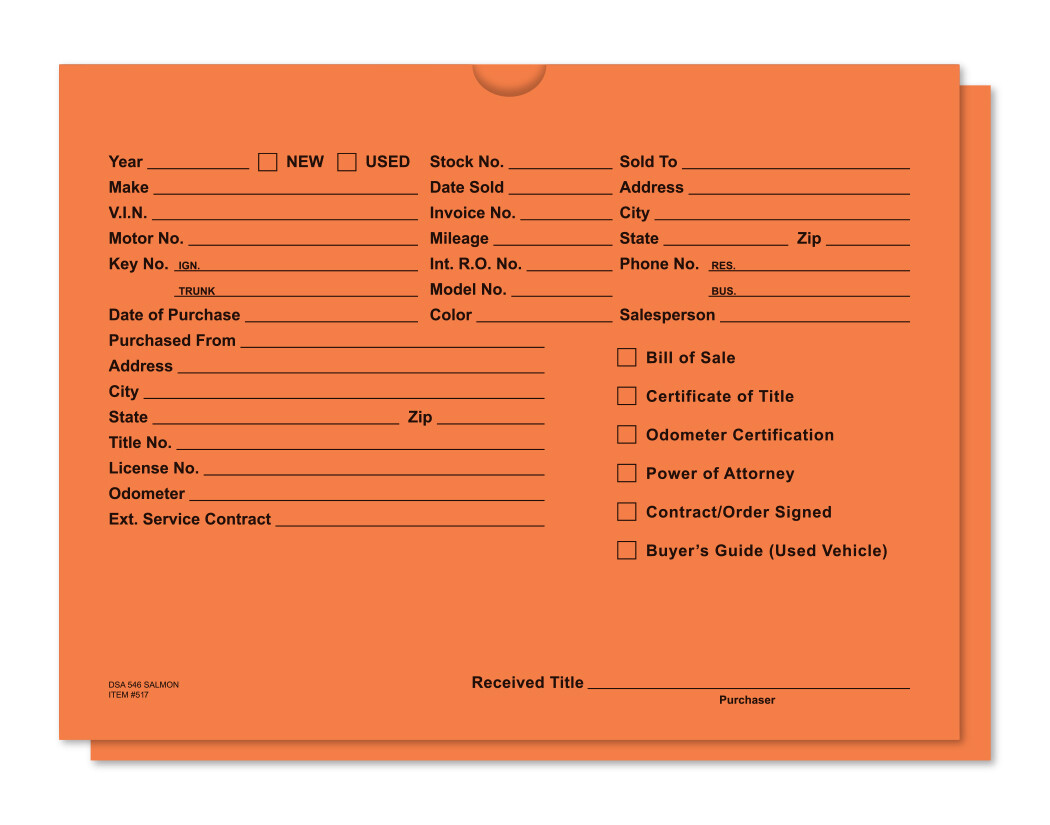 Deal jacket – Salmon – Auto Car Dealer Record Envelope – Qty 100 – #517-100