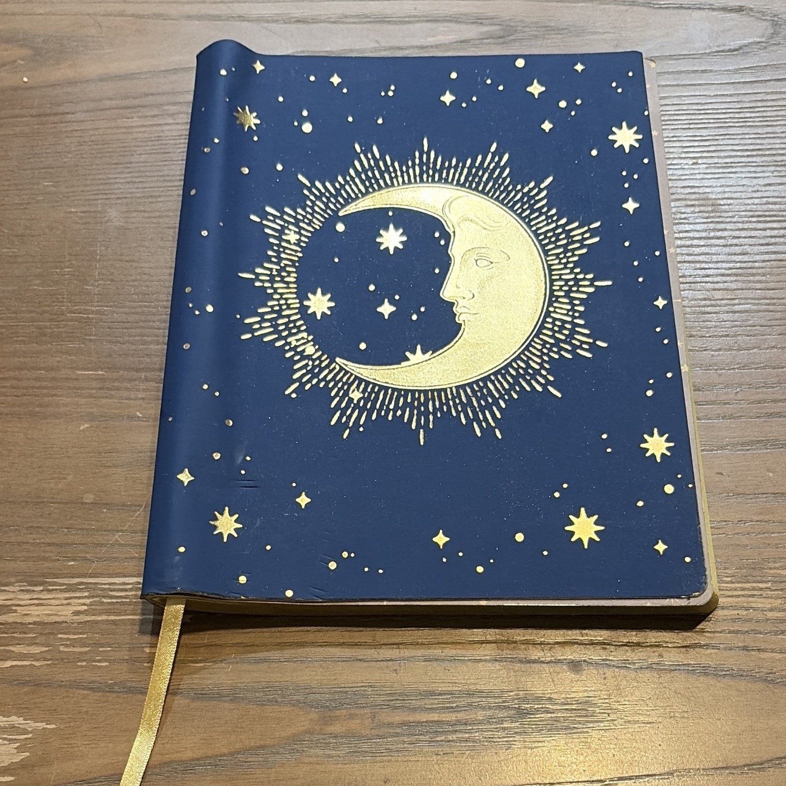 Blue & Gold Celestial Moon & Stars Lined Journal Notebook w/ Ribbon Bookmark