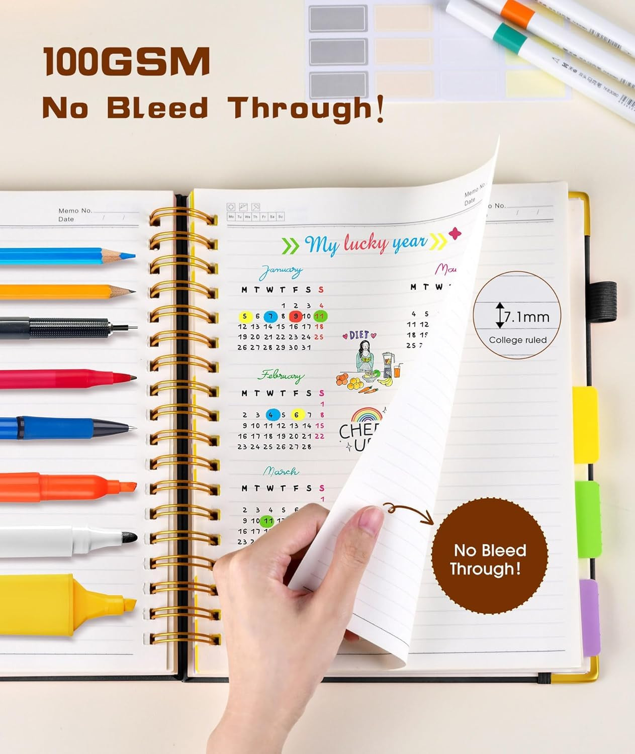 Hardcover Spiral Notebook Journal with Removable Dividers Tabs, 300 Pages Leathe