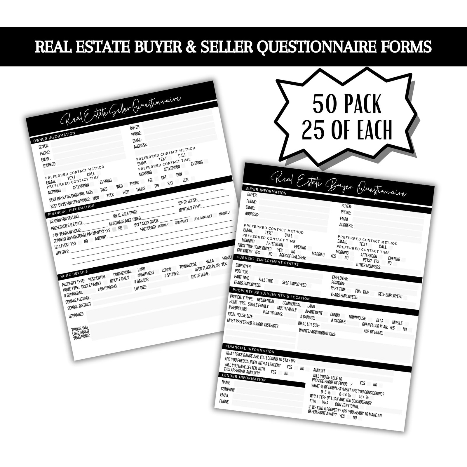 50 PCS Real Estate Buyer Seller Questionnaire Agent Form 8.5×11 Inch Mailer