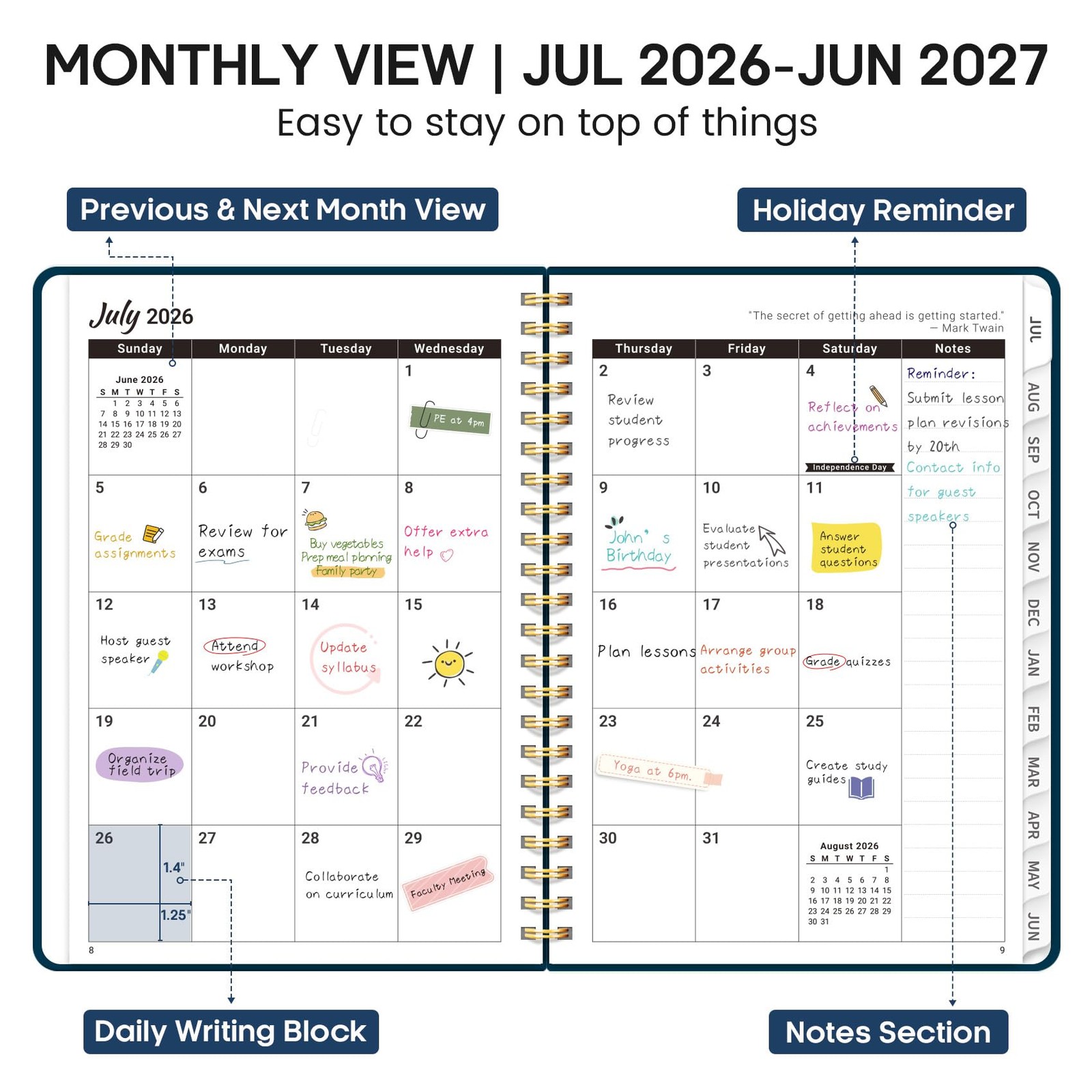 Academic Planner 2026-2027, Weekly and Monthly (6.4″x8.5″) A5, G.Navy
