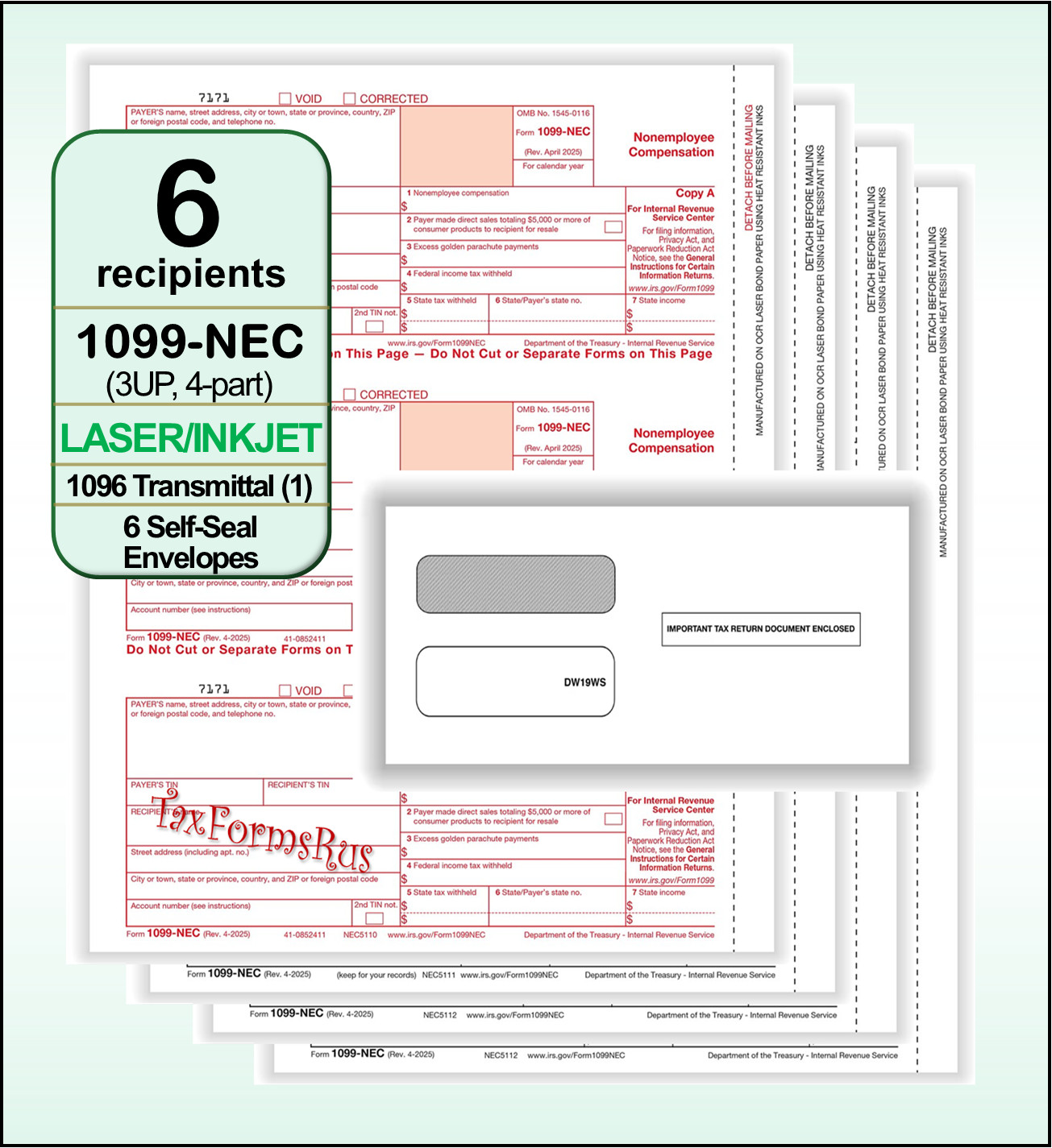 2025 IRS TAX FORMS KIT: 1099-NEC 6 recipients +envelopes + (1)1096 LASER 4pt 3UP