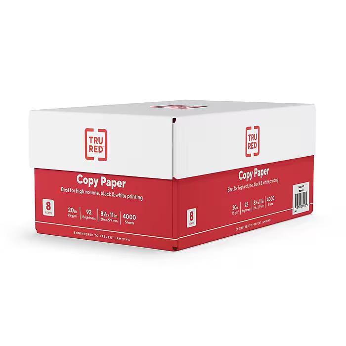 TRU RED 8.5″ x 11″ Copy Paper, 20 lbs., 92 Brightness, 500 Sheets/Ream, 8 Reams/