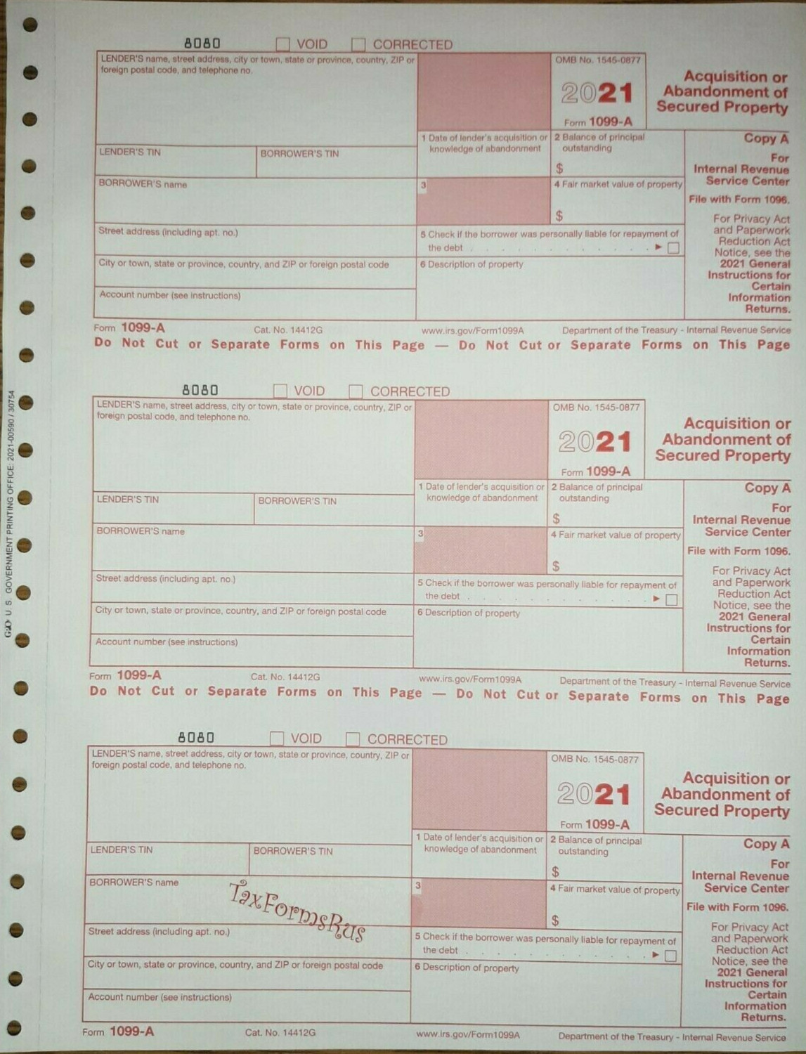 2021 IRS Tax Form 1099-A single sheet set for 3 borrowers, carbonless 3-part 3up
