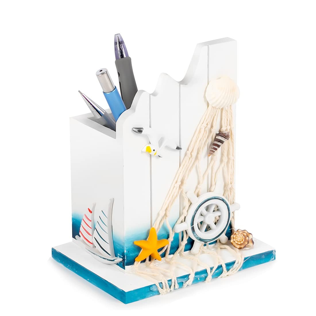 Pen Holder – Sailing Themed Pencil Organizers Wooden Desk White and Blue