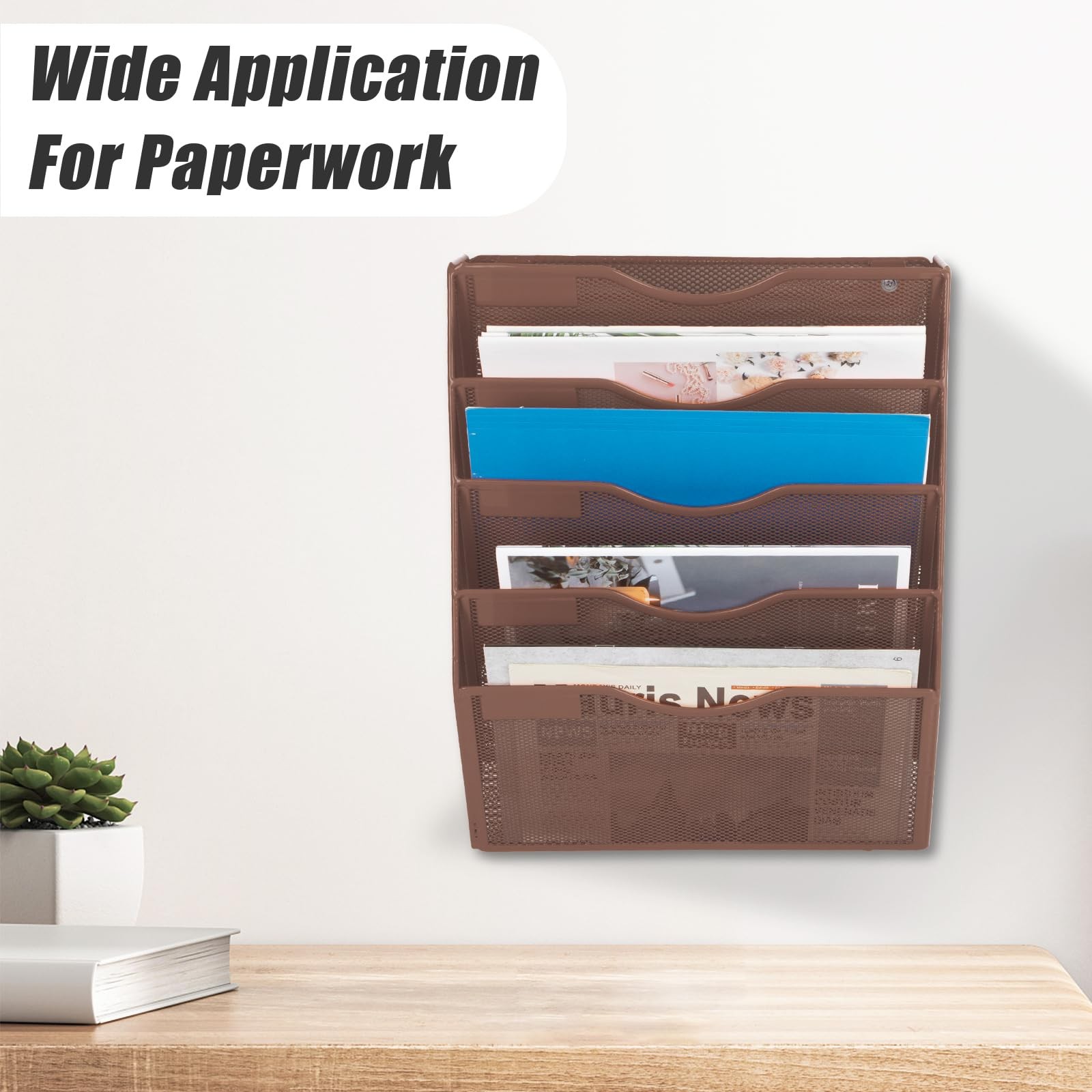 EASEPRES 5 Pocket Mesh Hanging Wall File Organizer, 5 Tier, Brown