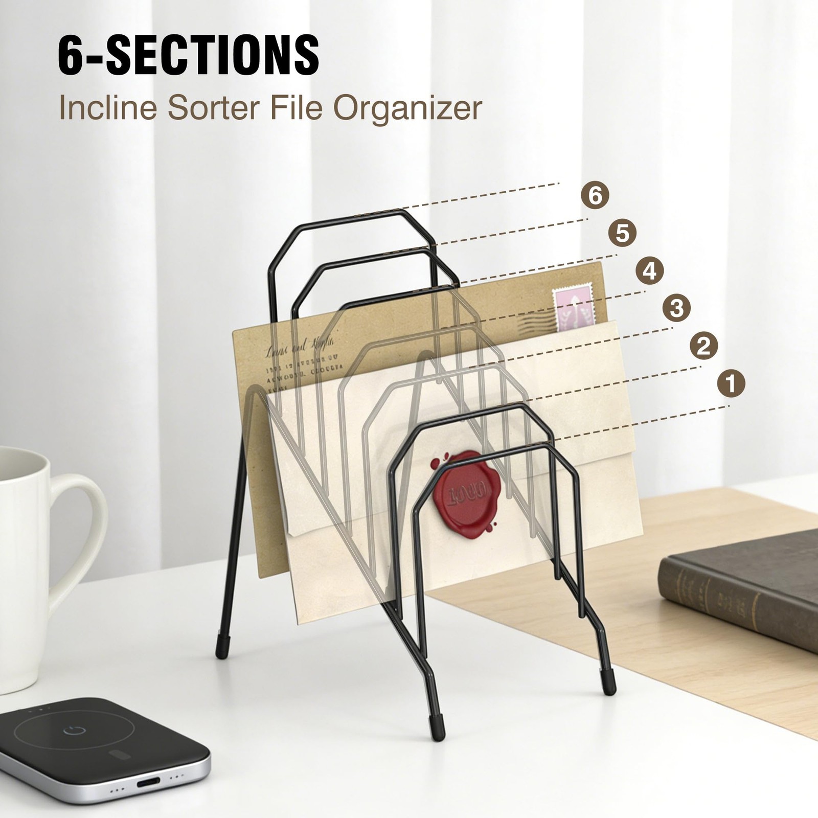 Gawerk Incline Desk Mail Organizer, Sorter 10″ H x 11″ W x 5″ D, Black
