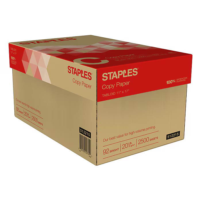 Staples Copy Paper 11″ x 17″ 20 lb White 2500 Sheets 5 Reams