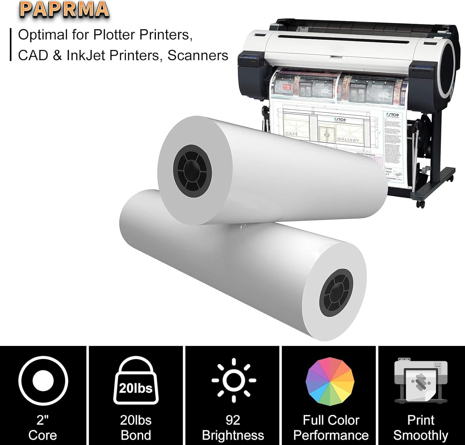 24″ X 150Ft Wide Format Paper 2″ Core, White Plotter Paper CAD Bond 4 Rolls
