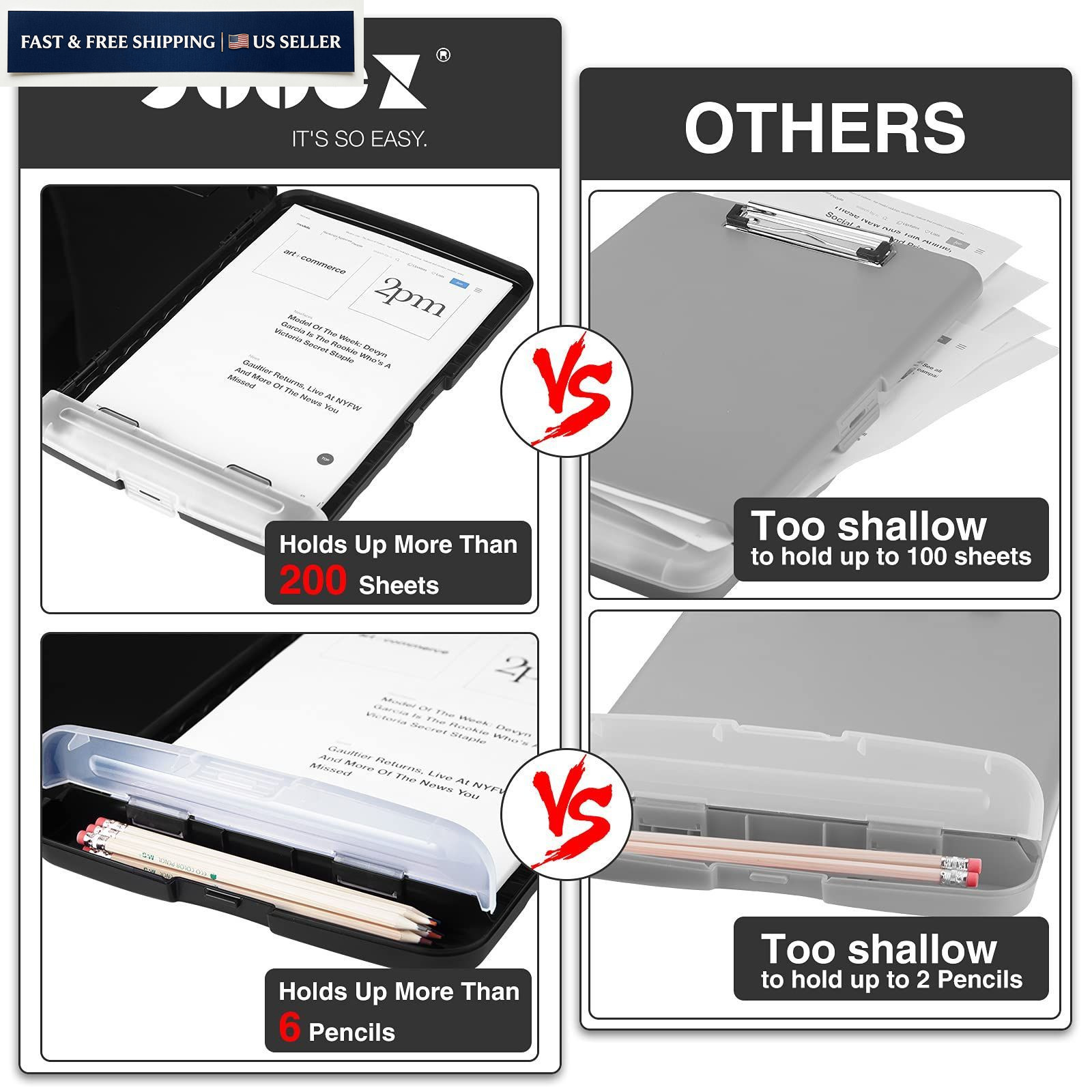 Sooez Clipboard with Storage, Clip Board 8.5 10″W x 1-1/4″D x 14-1/2″H, Black