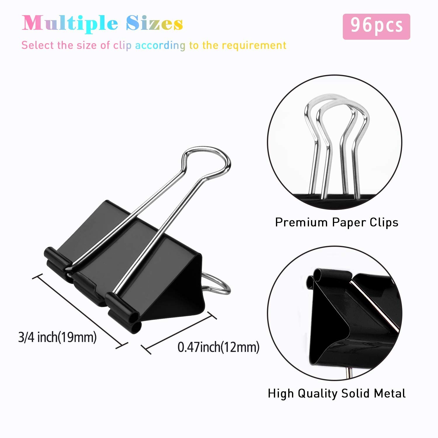 Small Binder Clips, 96 Pack, 3/4 Inch, Standard 19mm, Black, Capacity 0.31 In…