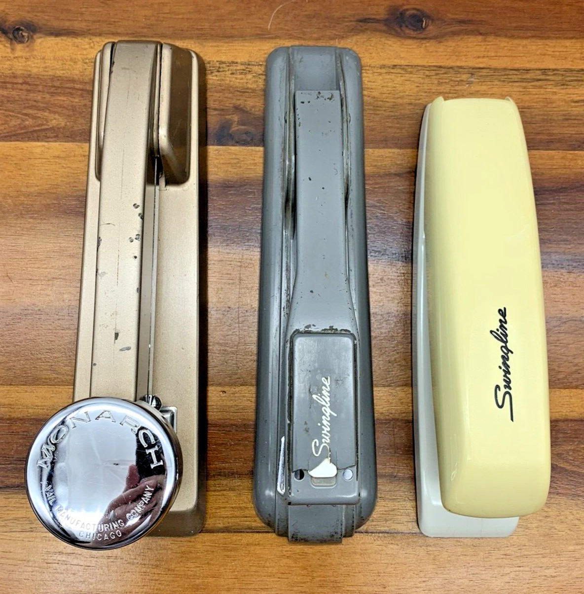 Vintage Swingline and Monarch Desk Staplers Gray Tan Chrome Art Deco 27 646 MCM