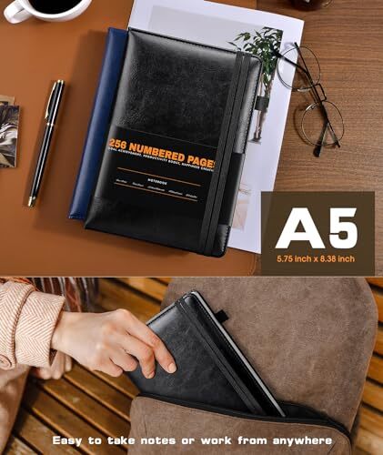 Lined Journal Notebook for Women Men, 256 Numbered Pages Hardcover Black