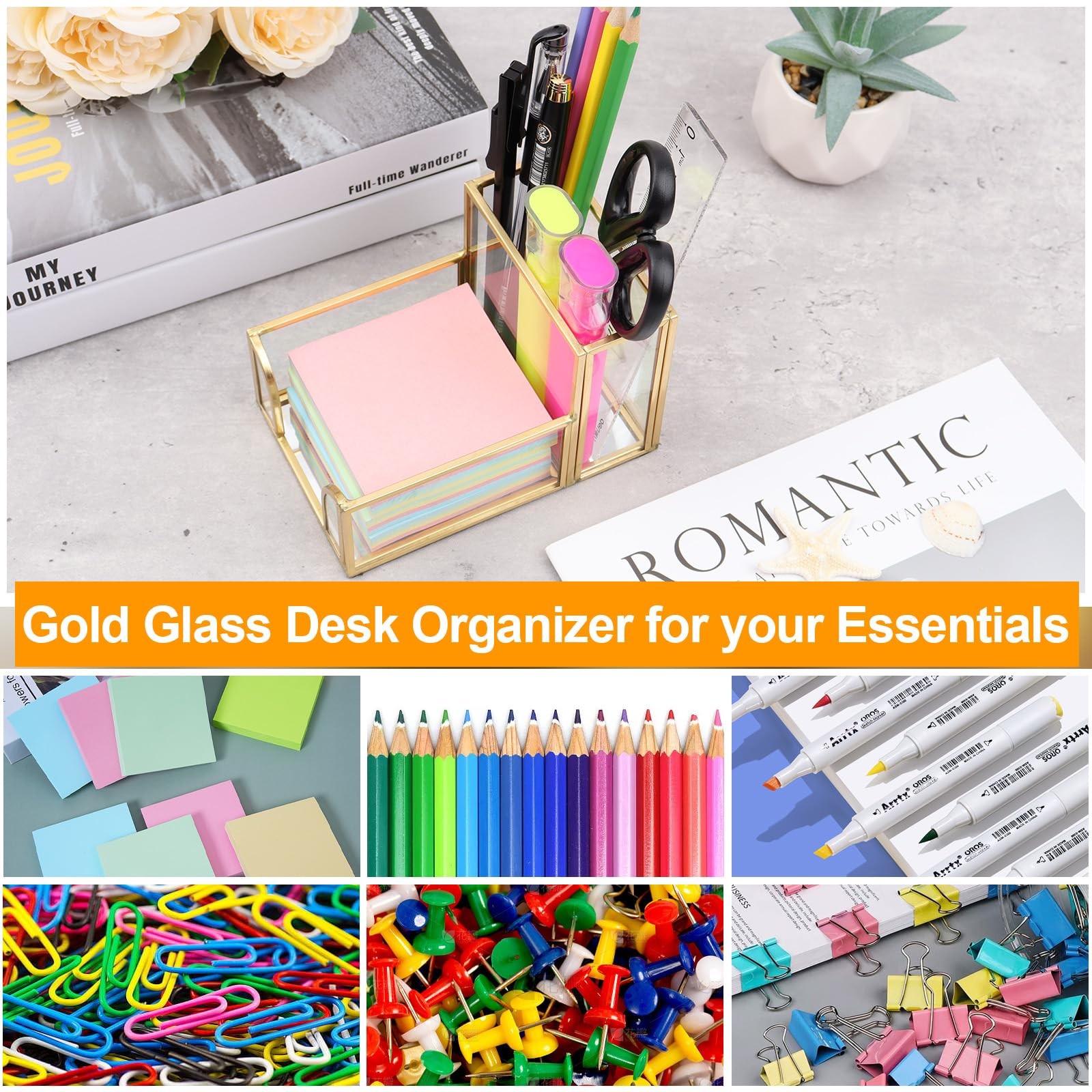 Sticky Note Holder,Glass Post It Note Dispenser with Pen Slot,Gold 3 x 3 Inch…
