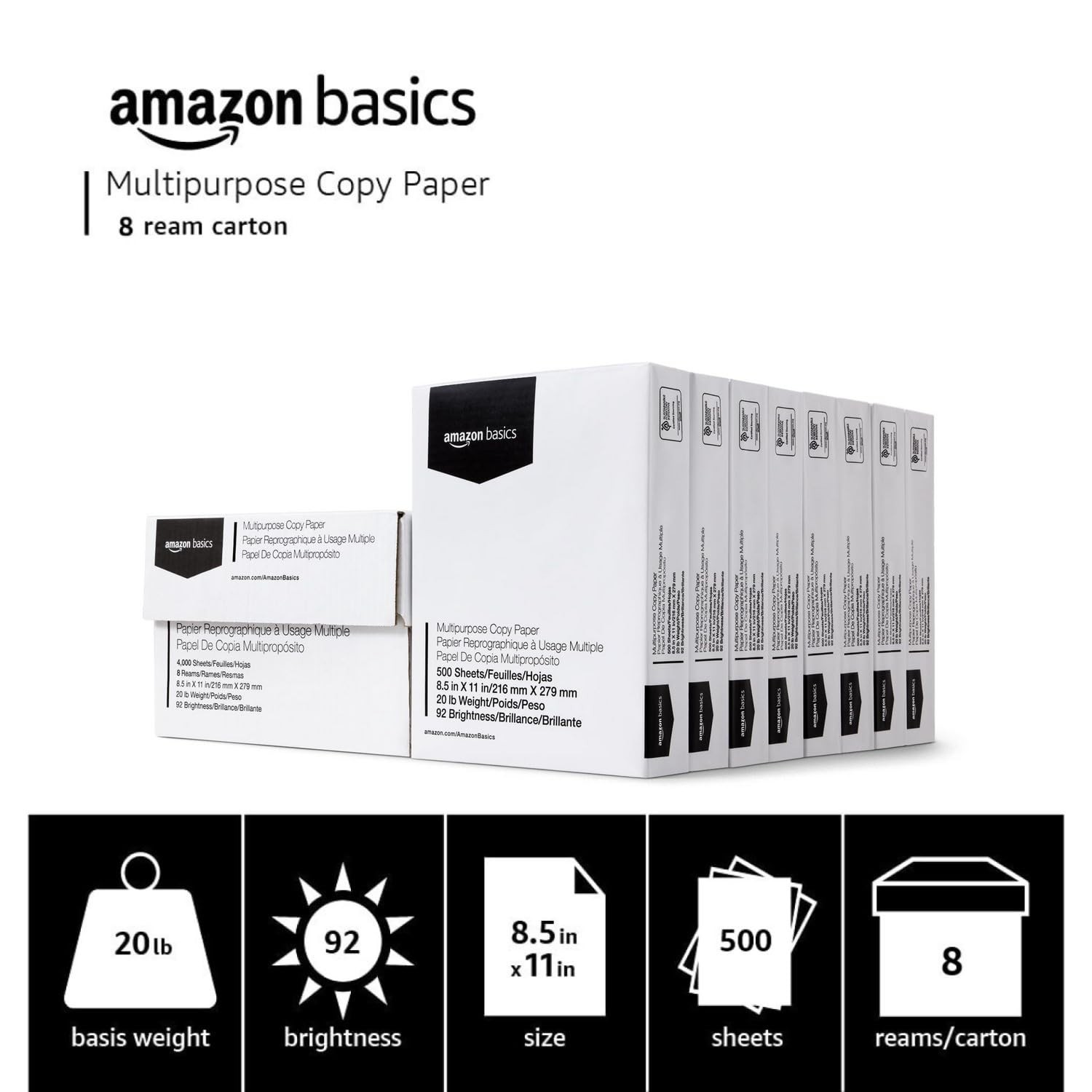 Amazon Basics Multipurpose Copy Printer Paper, 8 Reams | 4000 Sheets, White