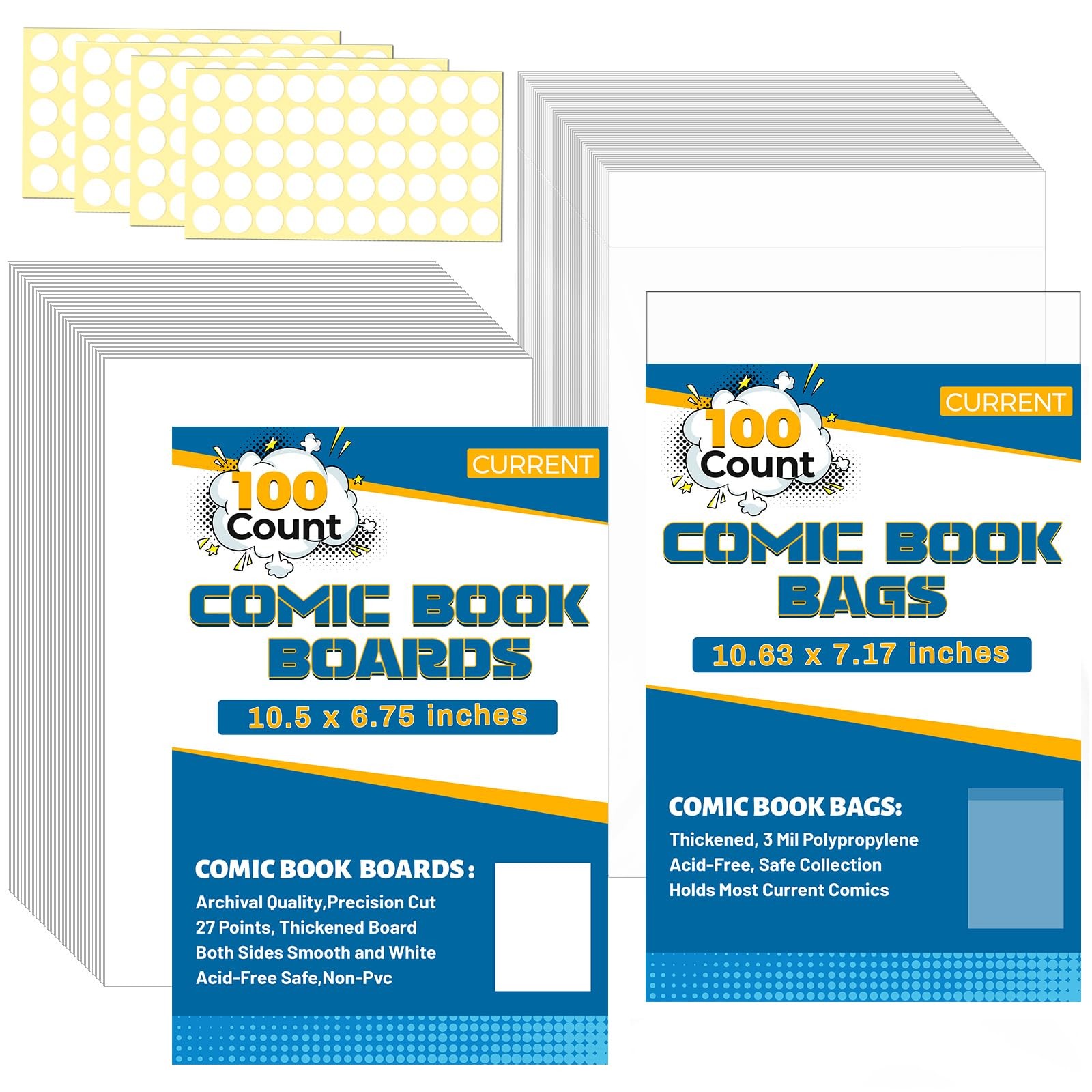 100 Sets Current Comic Book Bags and Boards 100 Acid-Free 27PT Comic Book Boa…