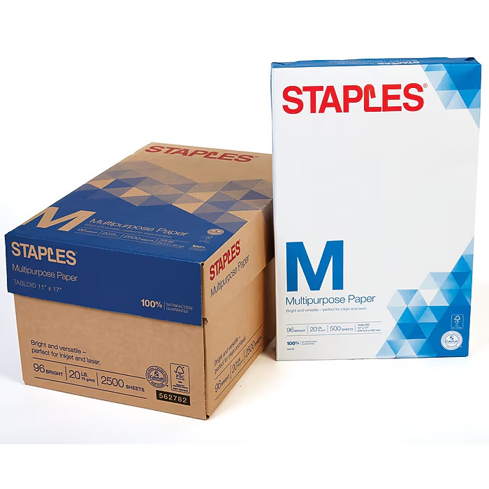 Staples 11″ x 17″ Multipurpose Paper, 20 lbs., 96 Brightness, 500/Ream, 5 Reams/