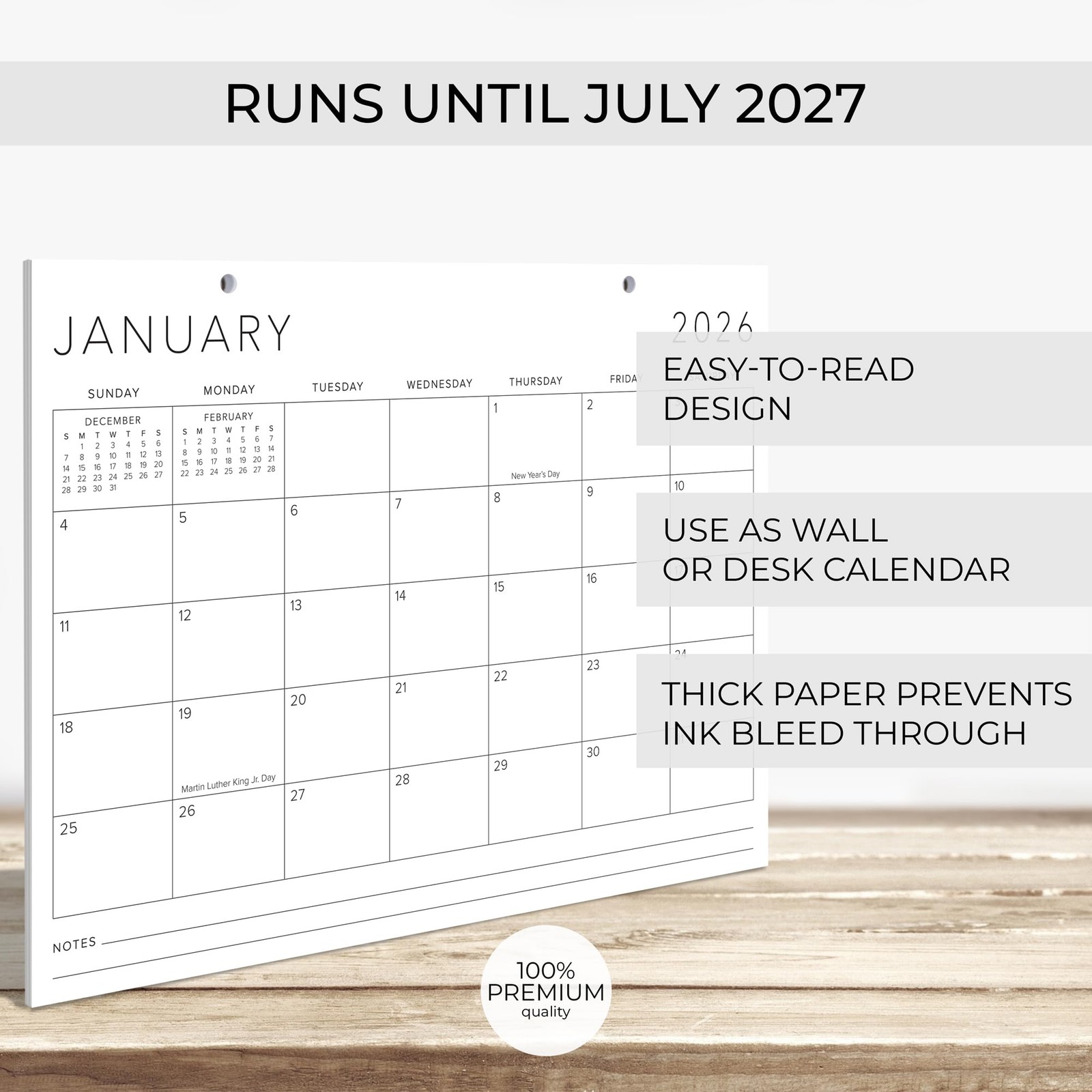 Aesthetic 2026 Desk Calendar 16″ x 12″ – Runs From January 2026 White-Black