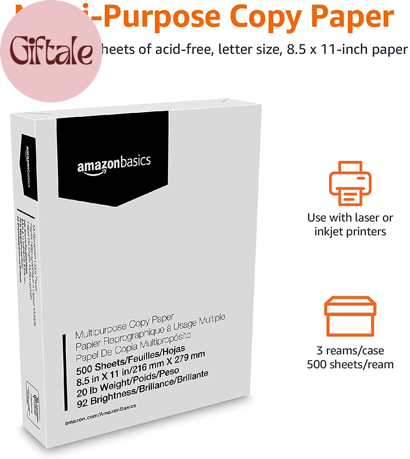 Multipurpose Copy Printer Paper, 20 Lb, 8.5 X 11 Inches, 3 Reams (1,500 Sheets),