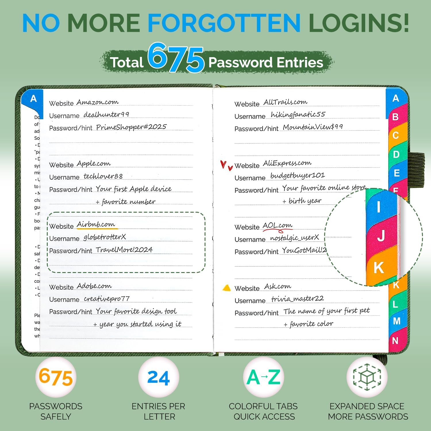 Password Keeper Book with Colorful Alphabetical Tabs, Small Internet Password Bo